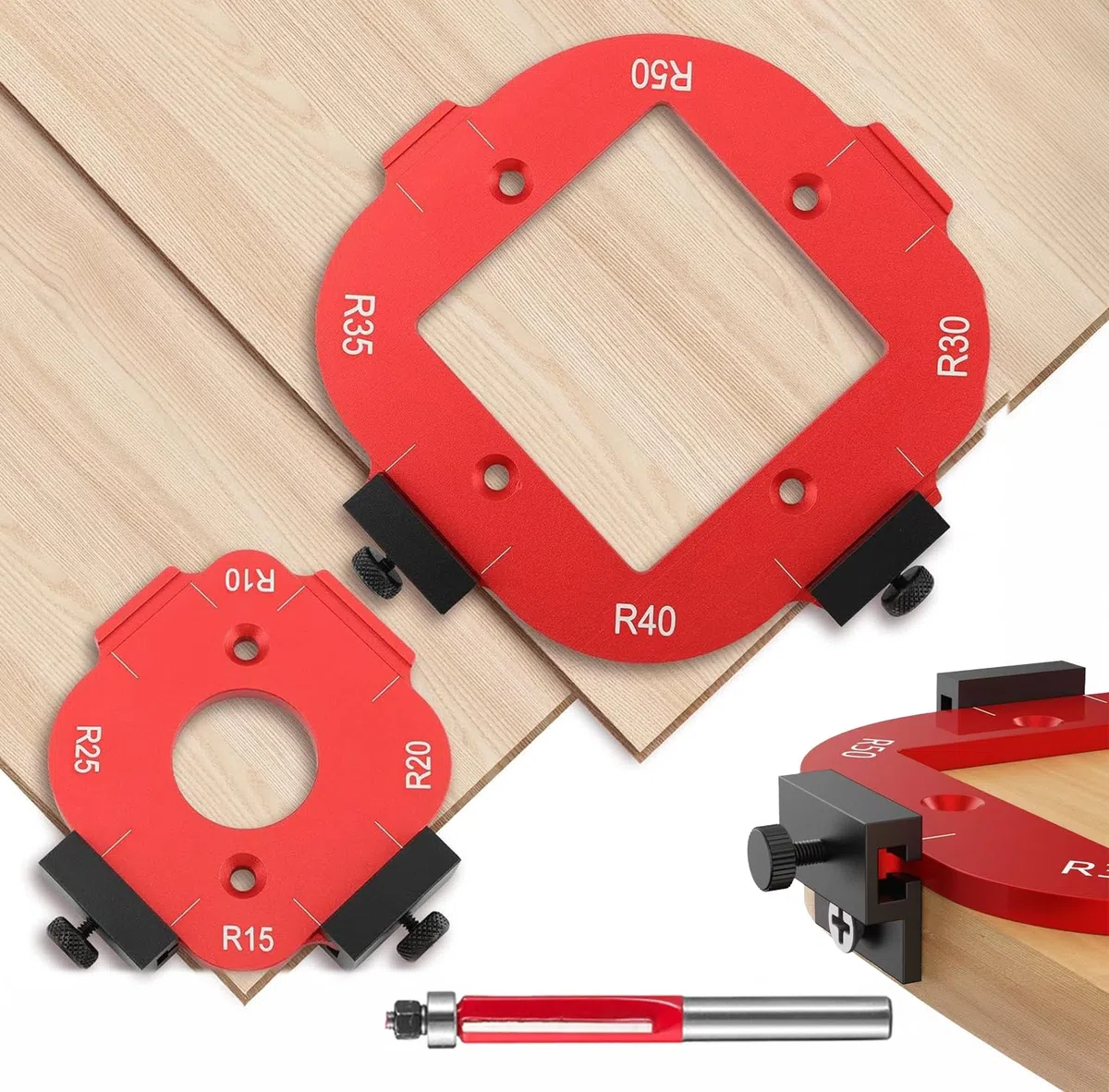 2 Pièces Gabarit Defonceuse a Bois, R10 R15 R20 R25 R30 R35 R40 R50 Gabarit de Toupie avec Fraise à Ras, Gabarit 4en1 pour Toupie, pour le Bricolage du Bois