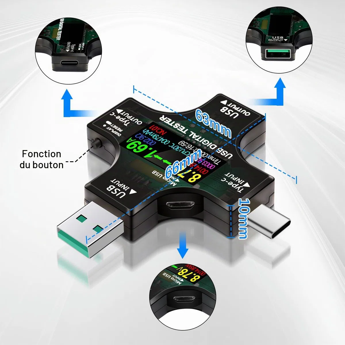 Testeur USB 2 en 1 USB C multimètre numérique USB C ampèremètre voltmètre Power mètre USB avec affichage de capacité de puissance