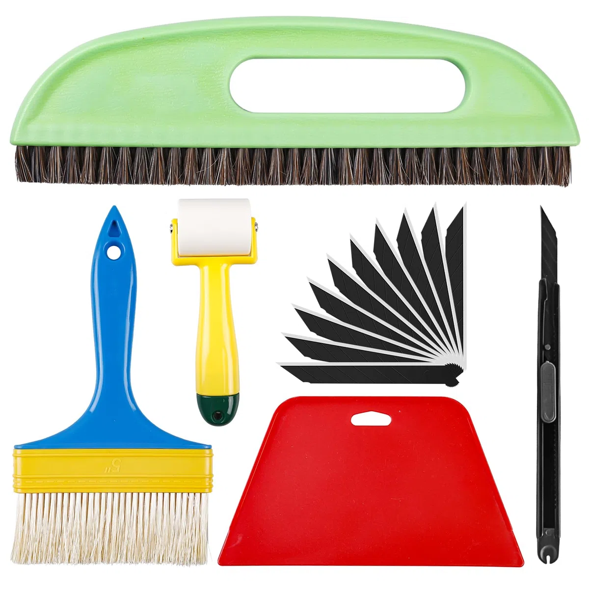 Lot de 15 outils de lissage pour papier peint - Avec brosse à tapisser, raclette, rouleaux et outil de coupe - Kit de suspension pour papier peint pour contact adhésif - Kit d'application (rouge)