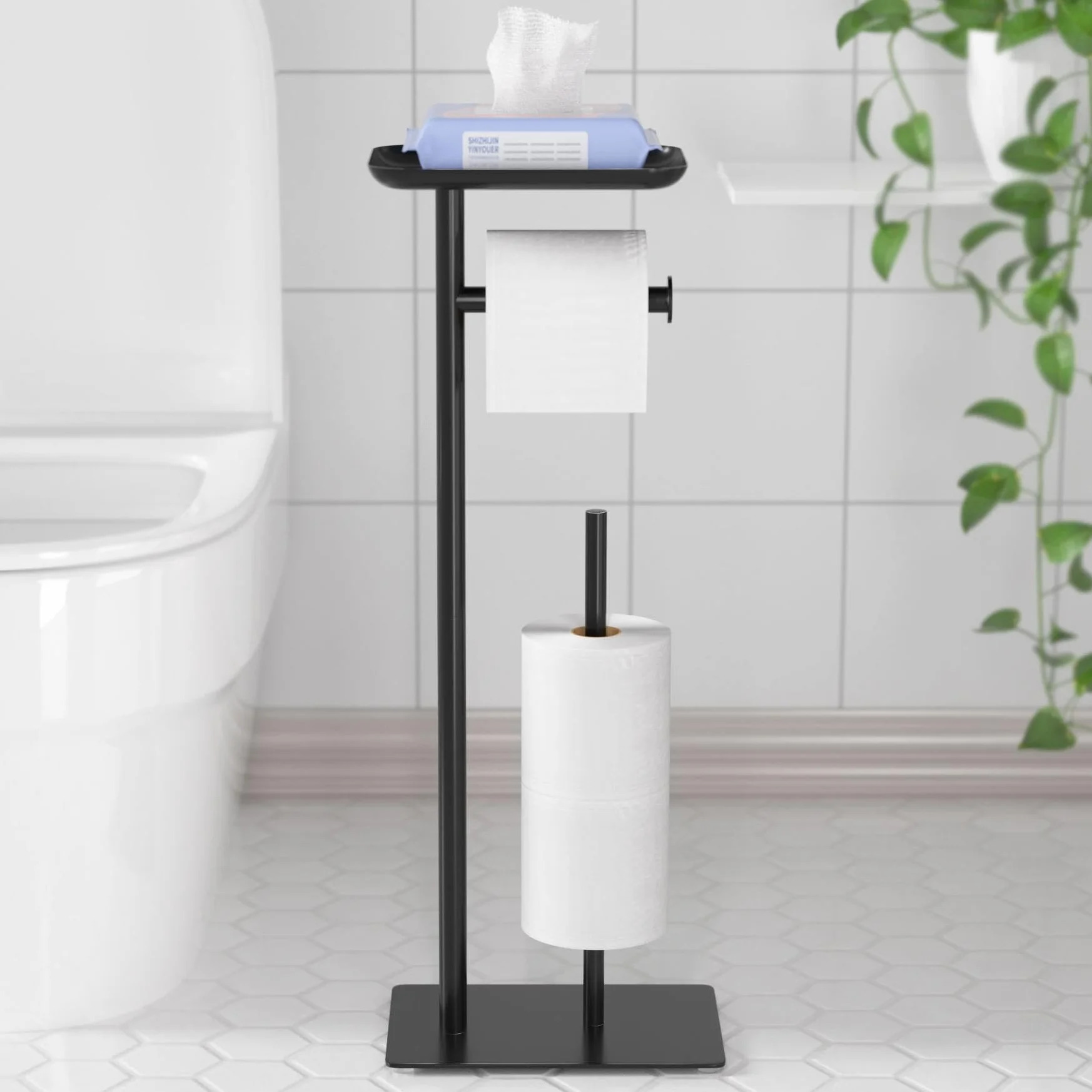 Porte-Rouleau de Papier Toilette sur Pied avec étagère de Rangement supérieure, Support de Papier Toilette, Distributeur de Papier Toilette au Sol, rangements 4 Rouleaux de réserve
