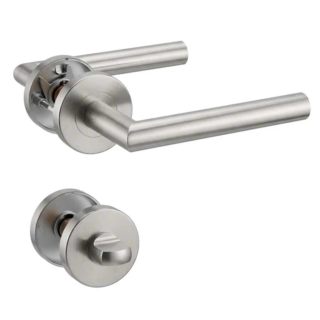 1 lot de poignées de porte à levier en acier inoxydable avec bouton de salle de bain, poignée de serrure de porte à mortaise, couleur argent (SO2-103BK)