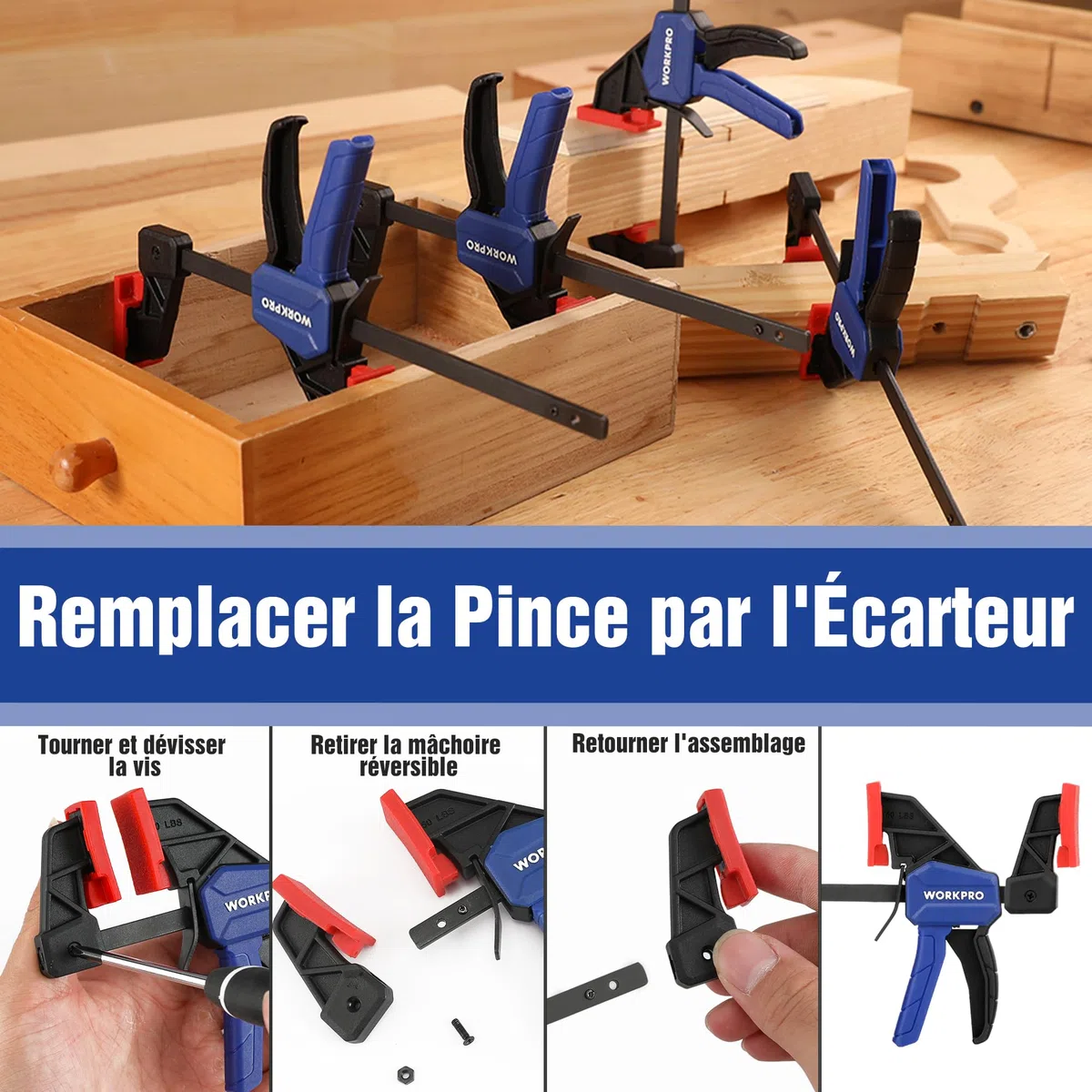 WORKPRO Serre Joint et Pince à Ressort 8 Pièces, 4 Mini Serres-joint (Longeur:200 mm,Portée 115 mm, Plage d'expansion 200 mm)et 4 Pinces à Ressort (Largeur d’Ouverture 45 mm/60 mm)pour Travail du Bois