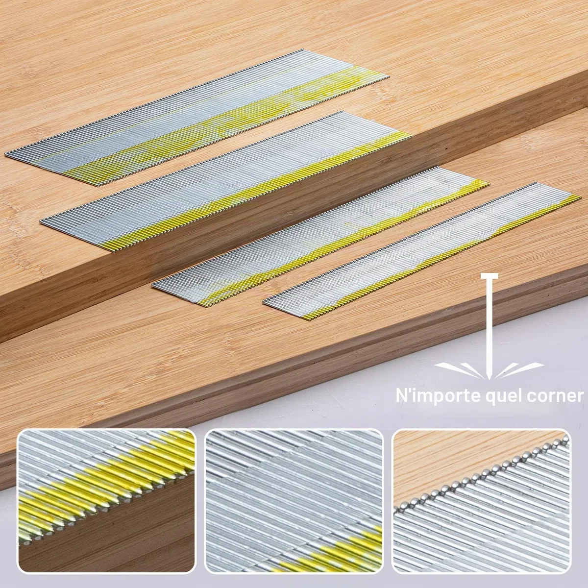 PINOZE Lot de 1200 clous de finition coudés DA de calibre 15, 34 degrés, lot de 1200 (6,3 cm, 5,1 cm, 3,8 cm, 300 par taille), lot de projets galvanisés de tailles assorties, pour cloueuse pneumatique