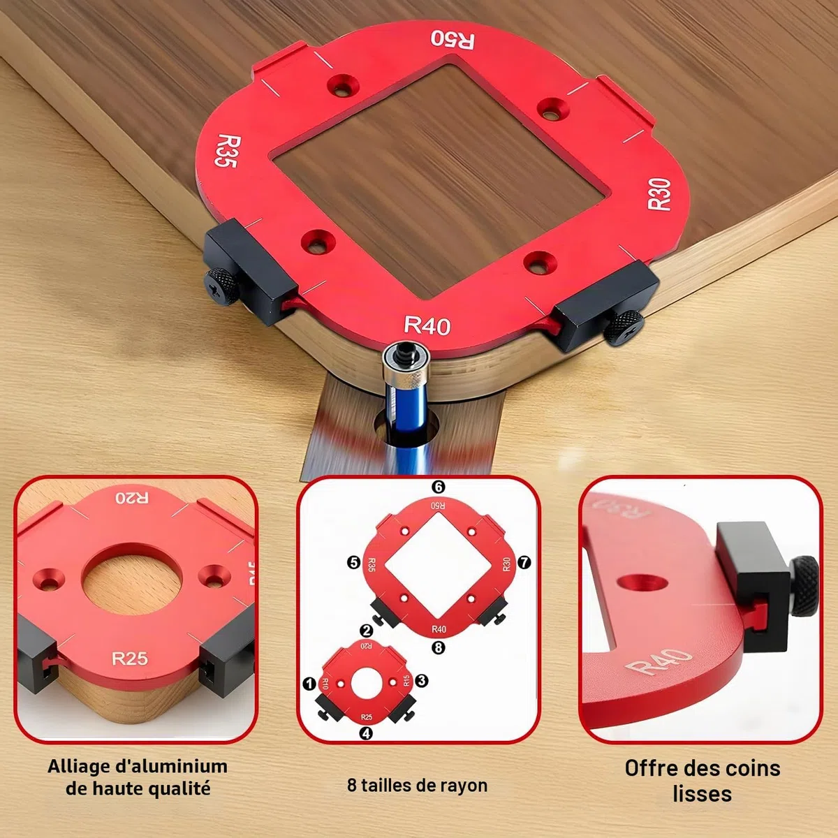 2 Pièces Gabarit Defonceuse a Bois, R10 R15 R20 R25 R30 R35 R40 R50 Gabarit de Toupie avec Fraise à Ras, Gabarit 4en1 pour Toupie, pour le Bricolage du Bois