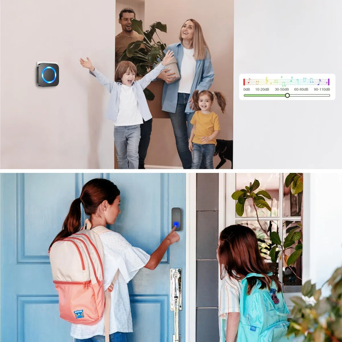 SURFOU Sonnette sans fil Extérieur Étanche, 400M Sonnette Longue Portée Carillon Electronique Kit avec Récepteurs, 55 Mélodies au 5 Niveaux Volumes pour Maison, Indicateur LED Bleu, Noir