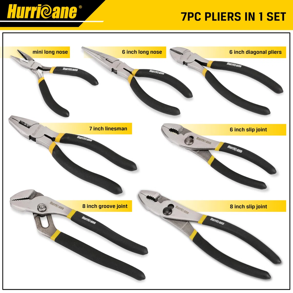 HURRICANE Lot de 7 pinces, pince à rainure de 20 cm, pince à glissement 20 cm et 15 cm, pince de monteur de lignes de 18 cm, pince à bec long de 15 cm, mini-pince à bec long, pince diagonale 15 cm