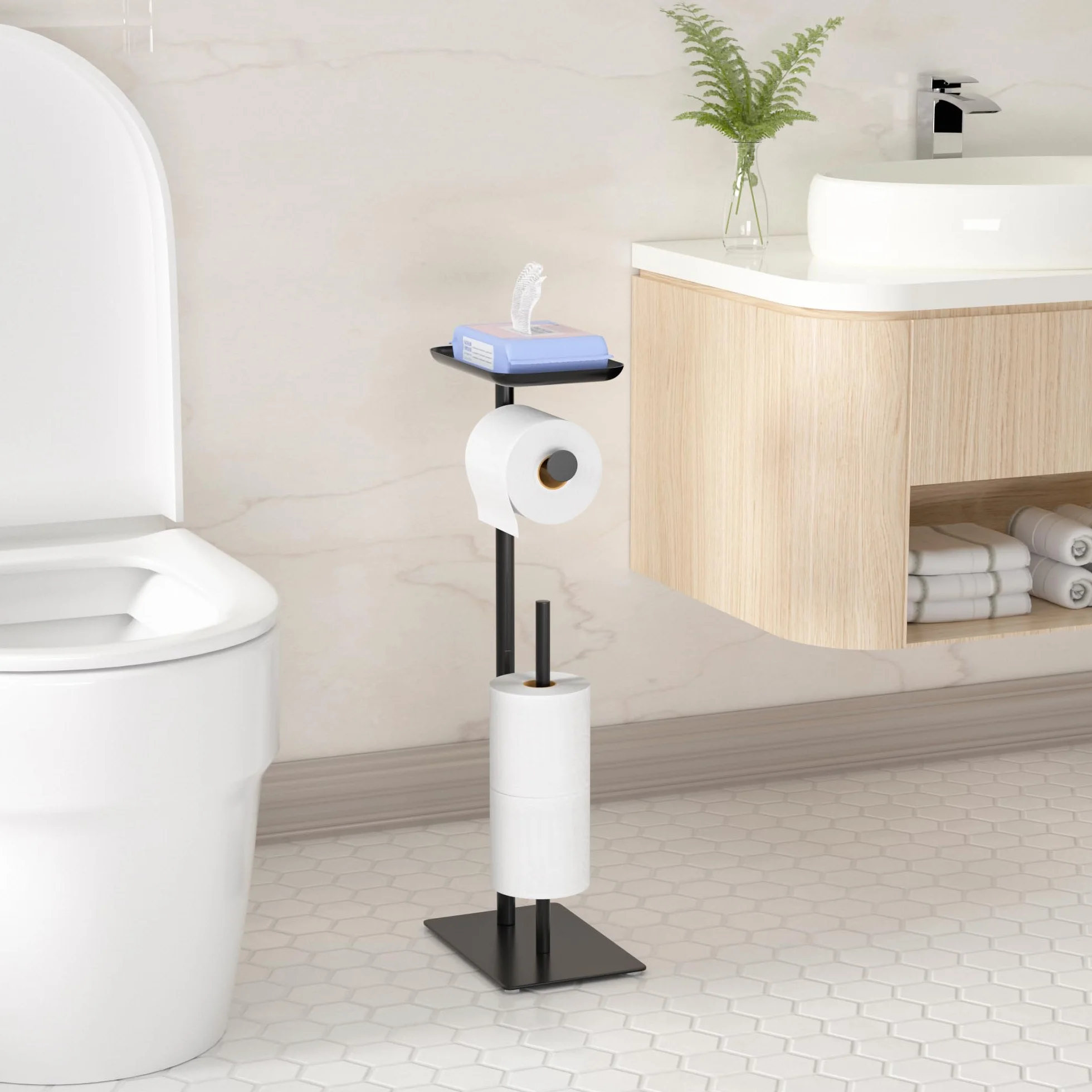 Porte-Rouleau de Papier Toilette sur Pied avec étagère de Rangement supérieure, Support de Papier Toilette, Distributeur de Papier Toilette au Sol, rangements 4 Rouleaux de réserve