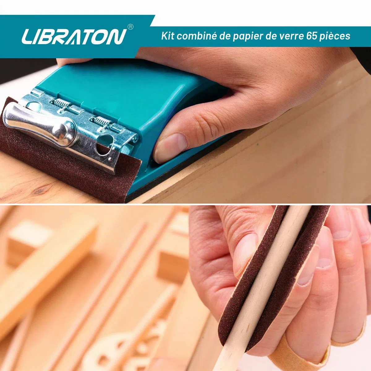 Libraton Papier Abrasive 65 Pièces, Assortiment de Verre Grain 80 à 600 Feuilles avec Ponceuse à Main, Éponges à poncer de 40/80/120/160, finition de meubles en bois polissag