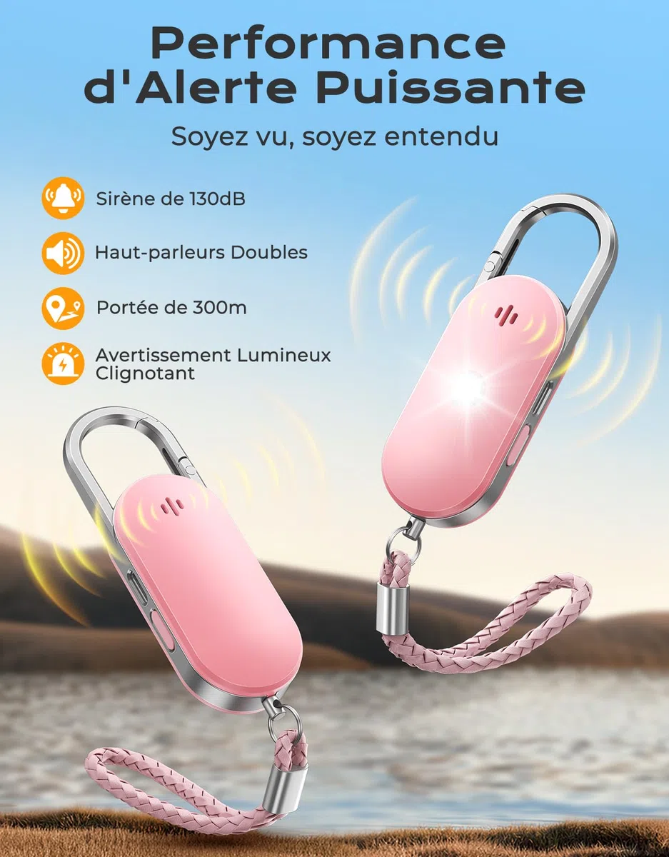 ISEYOU Alarme Personnelle Anti Agression, 130dB Porte-Clé Alarme avec Double Haut-Parleur, Flash LED Puissant et Avertisseur de Batterie Faible, Kit d'Auto-Défense pour Femmes/Enfants/Personnes âgées
