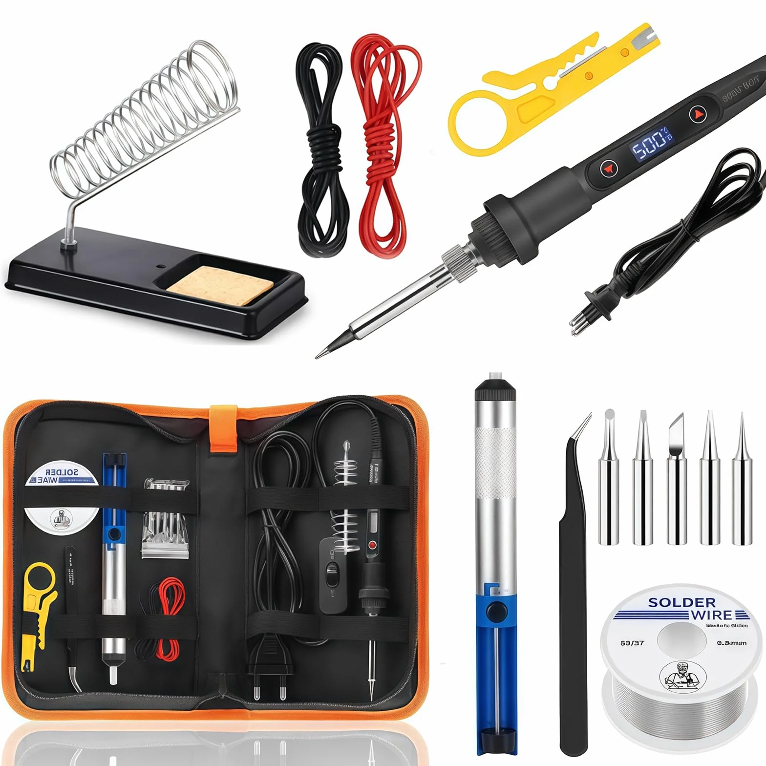 Kit Fer à Souder 80W,Fer à Souder Etain de Précision 5 Buses de Soudure,Température Réglable 180°C-500°C avec écran LCD,Pompe à Désoudrer, Idéal pour Réparation Électronique, Soudure et DIY