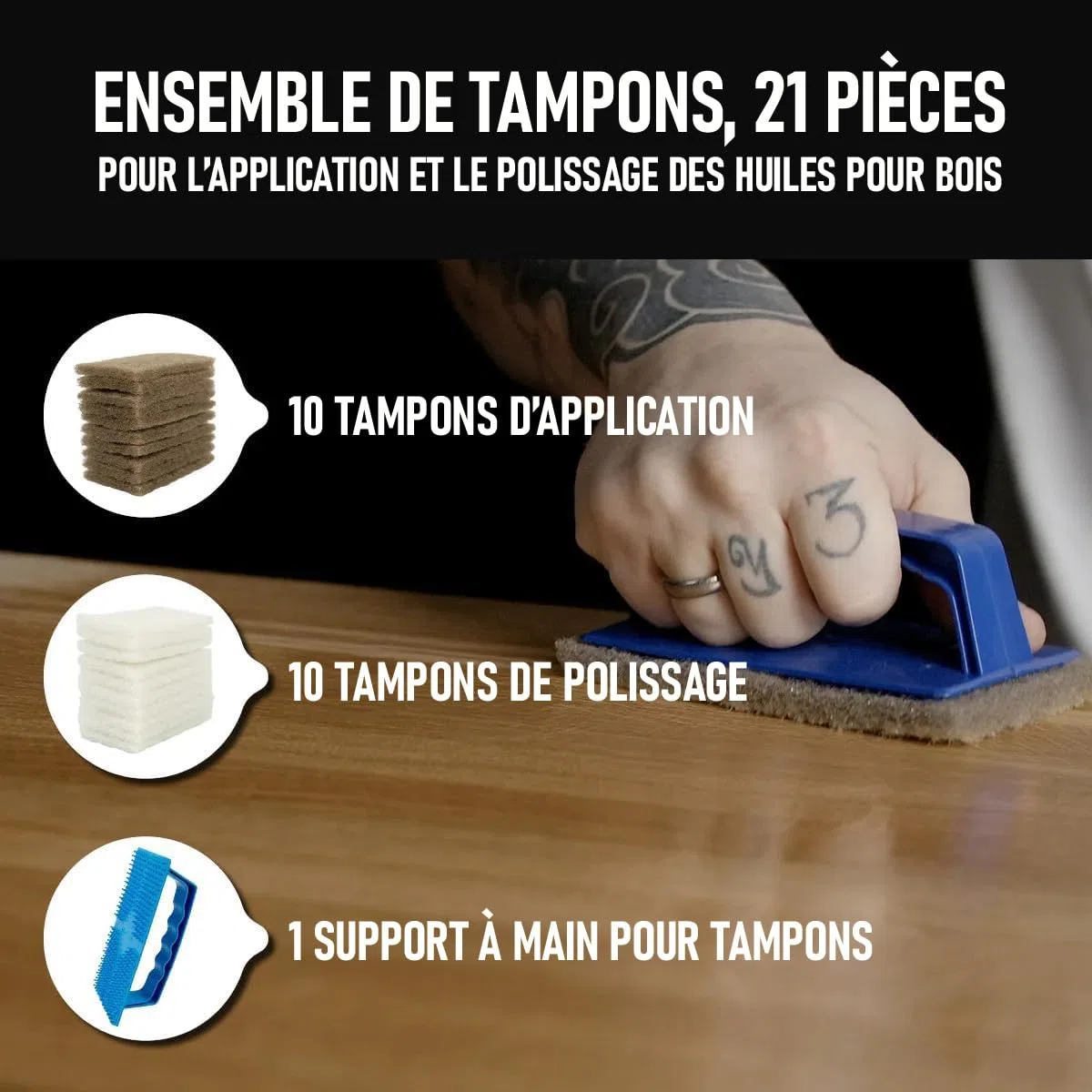 OLI-NATURA Padset avec support à main et 20 pads - Set complet pour l’application professionnelle d’huile sur bois - Pads de massage et polissage