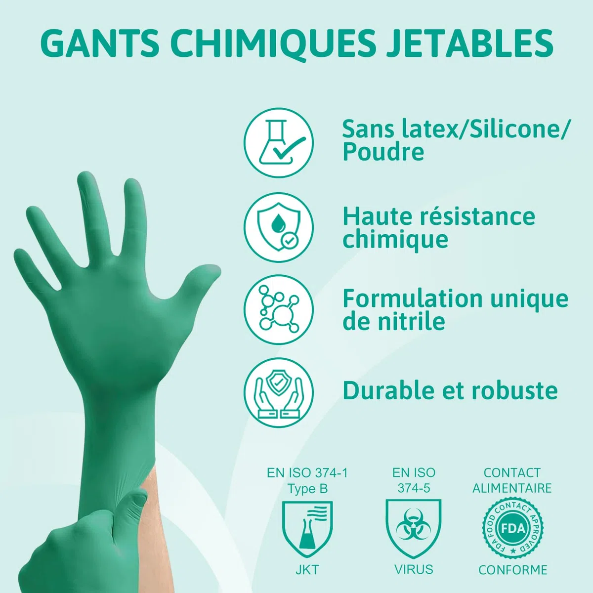 Ansell TouchNTuff 92-600, Gants jetables pour travaux lourds, Gants nitrile contact alimentaire, Gants de protection chimique et mécanique, Sans latex, Boîte de 100 gants en nitrile verts, Taille M