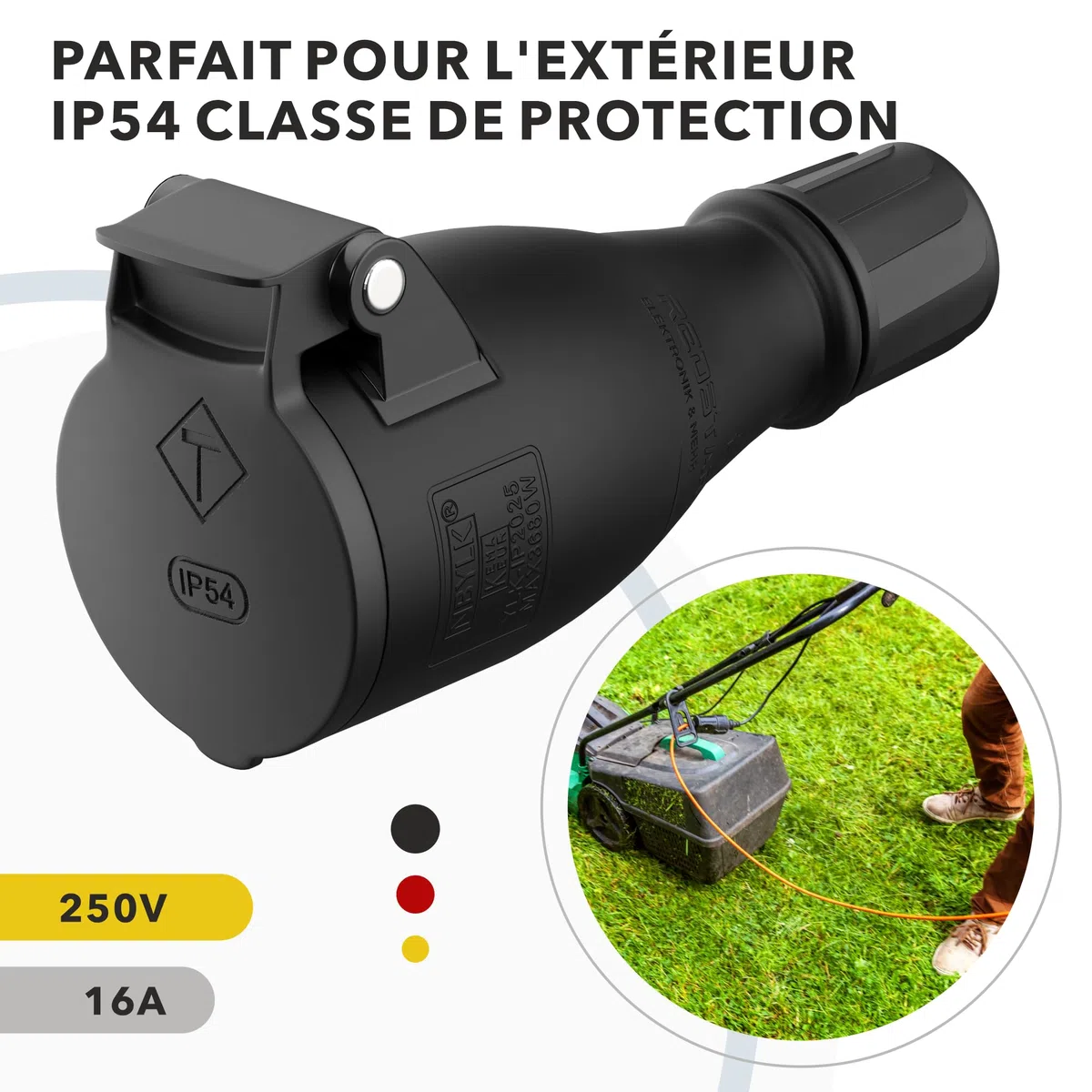 RedStar24 Prise Femelle 220V IP54 | Robuste en Caoutchouc & Plastique Noir | Couvercle à ressort automatique, Parfait pour l’Extérieur | Prise Électrique à 3 Broches | Set de 3 Fiches Femelle Schuko