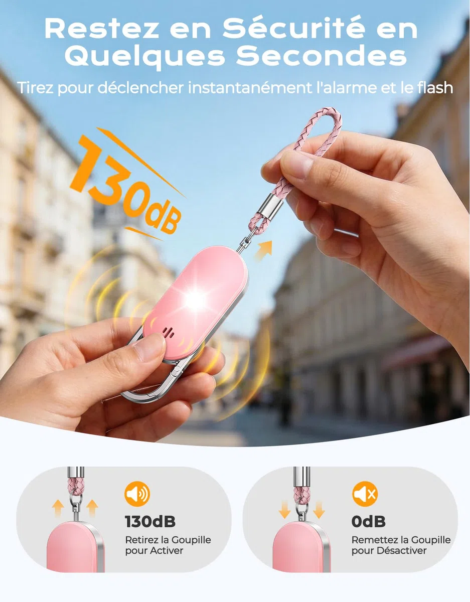 ISEYOU Alarme Personnelle Anti Agression, 130dB Porte-Clé Alarme avec Double Haut-Parleur, Flash LED Puissant et Avertisseur de Batterie Faible, Kit d'Auto-Défense pour Femmes/Enfants/Personnes âgées