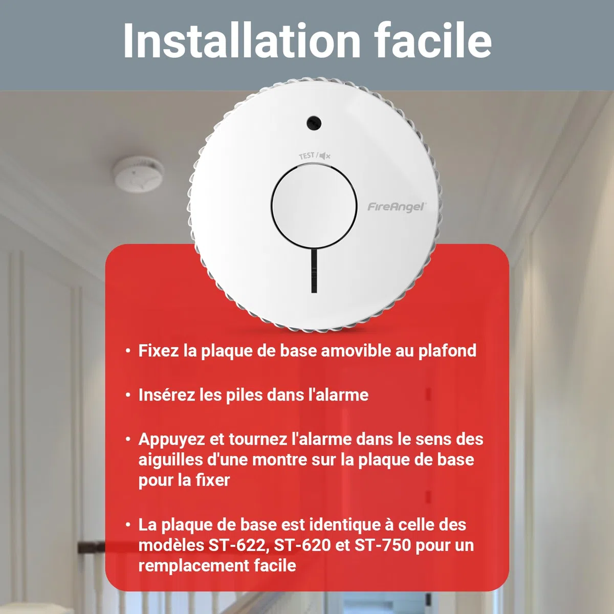 FireAngel FA6115-FRT Détecteur de Fumée Optique certifié NF, Détecteur Incendie pour Maison et Caravane, Durée de Vie de 10 Ans, Remplace Le ST-625