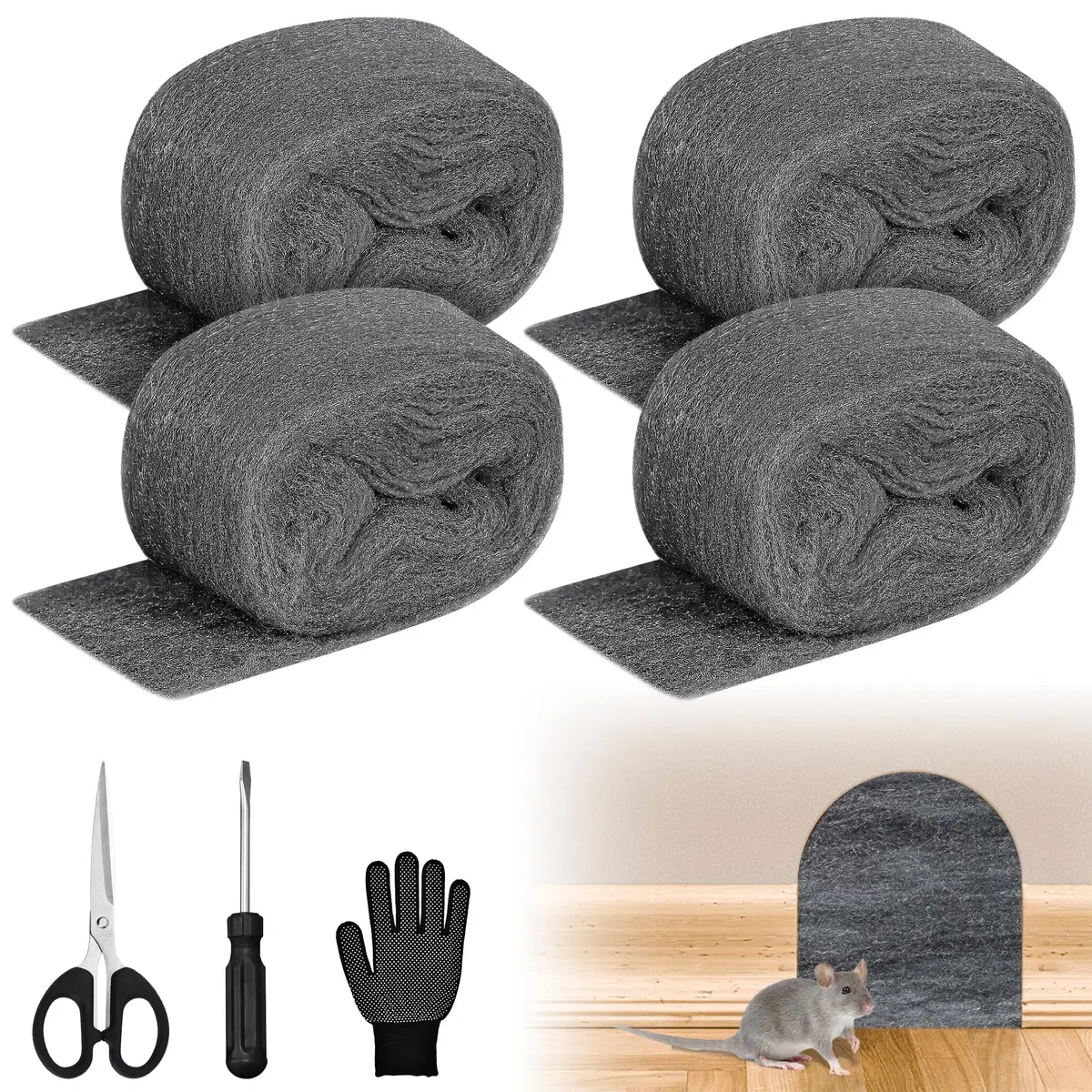 DazSpirit Lot de 4 Souris en Laine D'acier, 3 m de Laine D'acier Fine 0000 Anti Rongeur avec Gants, Ciseaux et Tournevis, Paille de Fer Vaissellepour Sceller les Interstices, Nettoyage, Polissage