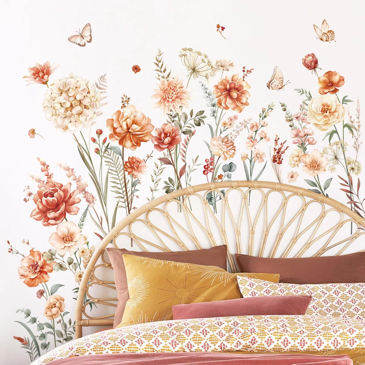 decalmile Stickers Muraux Fleur Boho Autocollant Mural Floral de Jardin Pissenlit Herbe Papillon Décoration Murale Filles Chambre Salon Cuisine