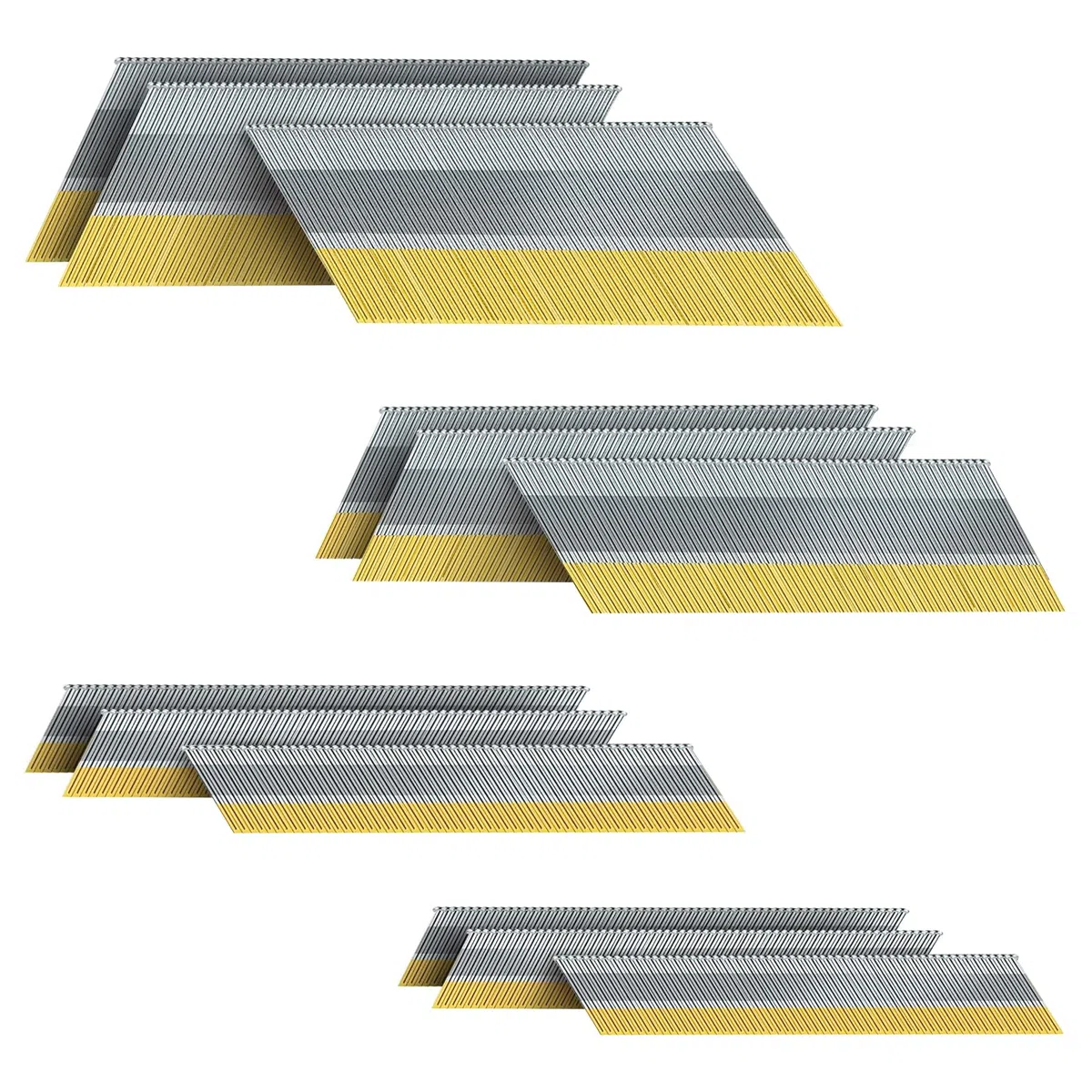 PINOZE Lot de 1200 clous de finition coudés DA de calibre 15, 34 degrés, lot de 1200 (6,3 cm, 5,1 cm, 3,8 cm, 300 par taille), lot de projets galvanisés de tailles assorties, pour cloueuse pneumatique