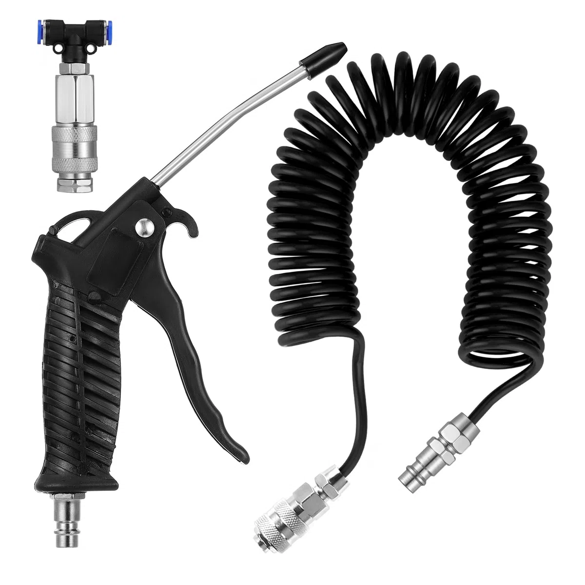 Soufflette Camion Soufflette Pneumatique avec Tuyau de Spirale de 5 mètres Kit de nettoyage de pistolet à air pour camion avec connecteur en T, Noir