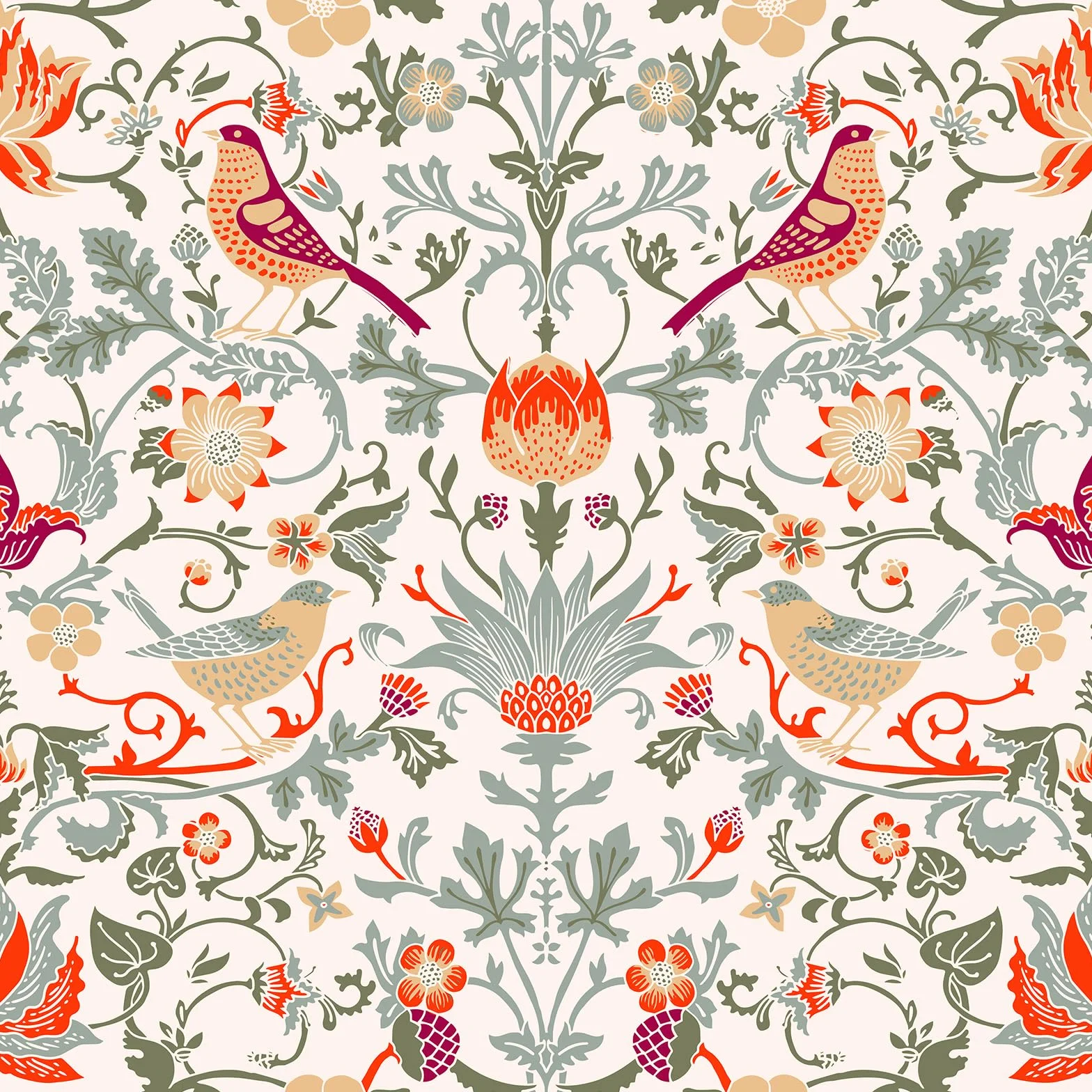 ReWallpaper Papier Peint Adhesif Mural Fleuri Vintage Papier Peint Chambre Adulte Beige Vinyle Autocollant Vert Animal Film Adhesif pour Meuble Motif 44,5CM X 3M Papiers Peints Fleurs Oiseaux