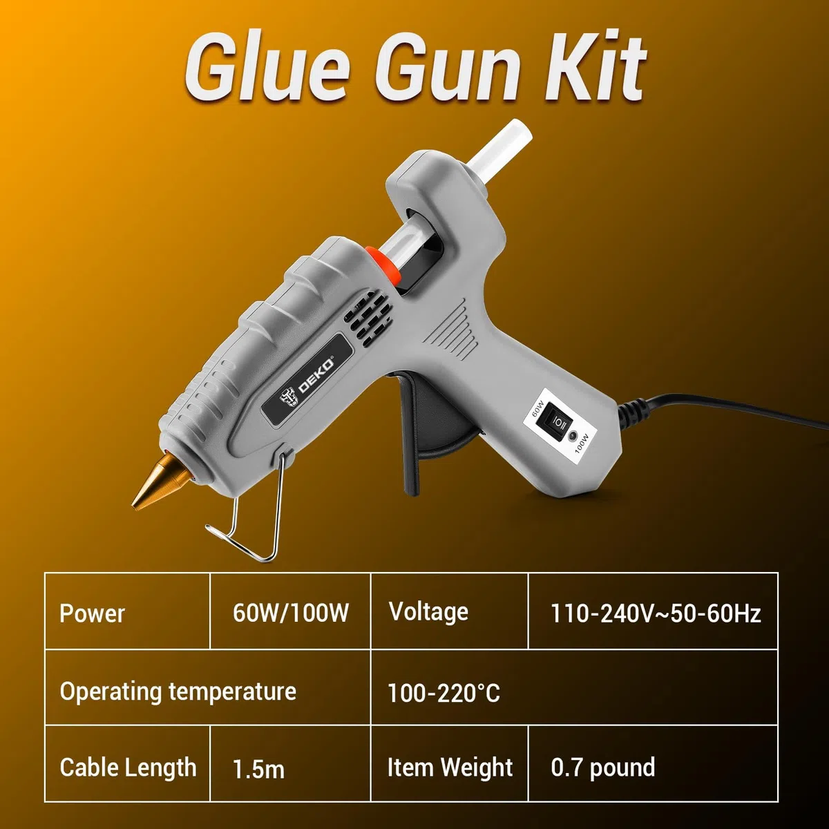 DEKO Pistolet à Colle Chaude: 60/100W Double Température Pistolet à Silicone avec une Gouttière, Pistolet à Colle avec 25 PCS Barres de Colle, pour DIY, Art, École, Emballages, Réparations