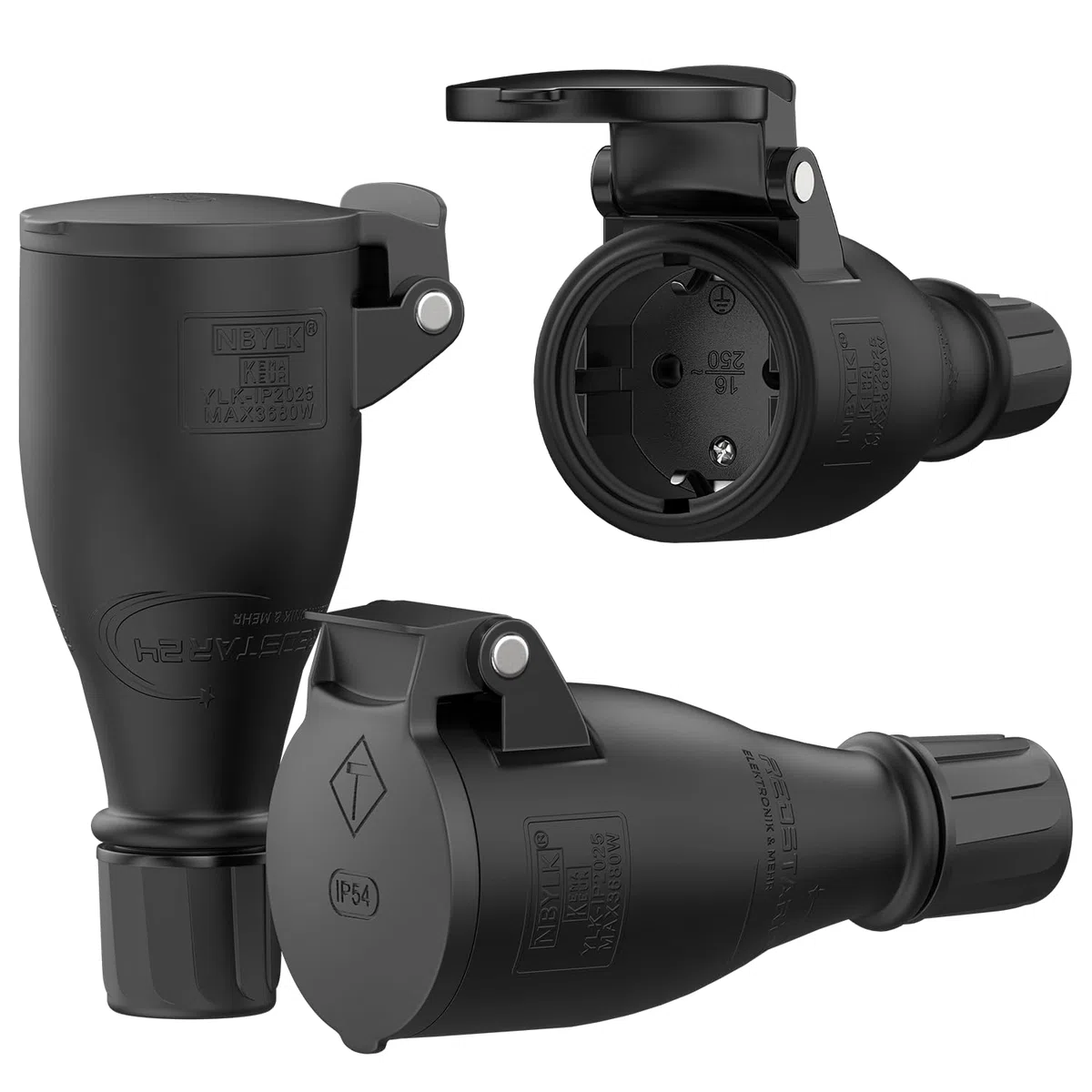 RedStar24 Prise Femelle 220V IP54 | Robuste en Caoutchouc & Plastique Noir | Couvercle à ressort automatique, Parfait pour l’Extérieur | Prise Électrique à 3 Broches | Set de 3 Fiches Femelle Schuko