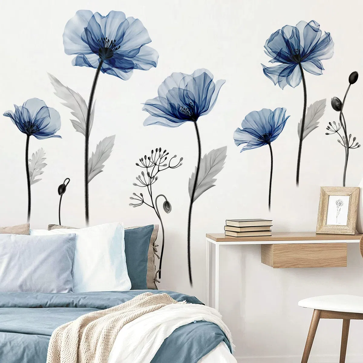 decalmile Stickers Muraux Fleurs Bleues Grand Autocollant Mural Fleurs Bleu Coquelicot Plante Décoration Murale Salon Chambre Salle de Bain
