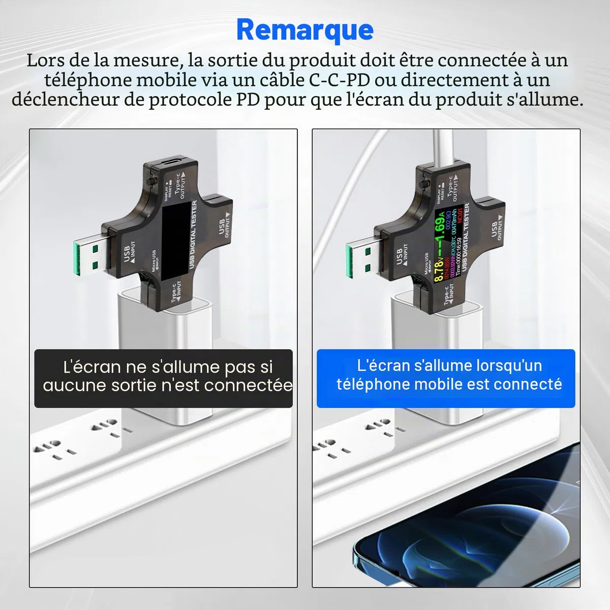 Testeur USB 2 en 1 USB C multimètre numérique USB C ampèremètre voltmètre Power mètre USB avec affichage de capacité de puissance
