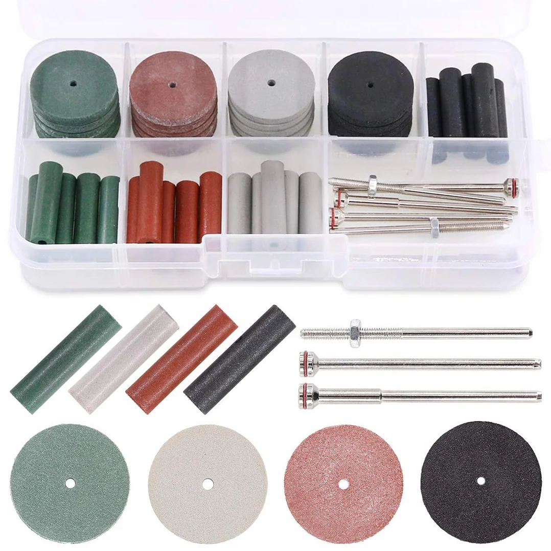 Swpeet Lot de 46 roues de polissage en caoutchouc de silicone, 40 pièces de 4 couleurs mélangées de laboratoire et de particules de polissage + 6 tiges de mandrin parfaits