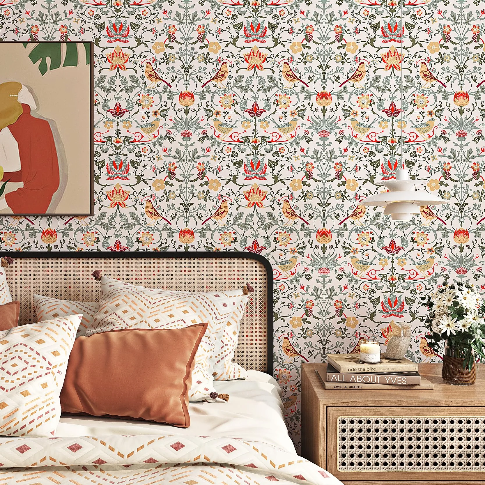 ReWallpaper Papier Peint Adhesif Mural Fleuri Vintage Papier Peint Chambre Adulte Beige Vinyle Autocollant Vert Animal Film Adhesif pour Meuble Motif 44,5CM X 3M Papiers Peints Fleurs Oiseaux