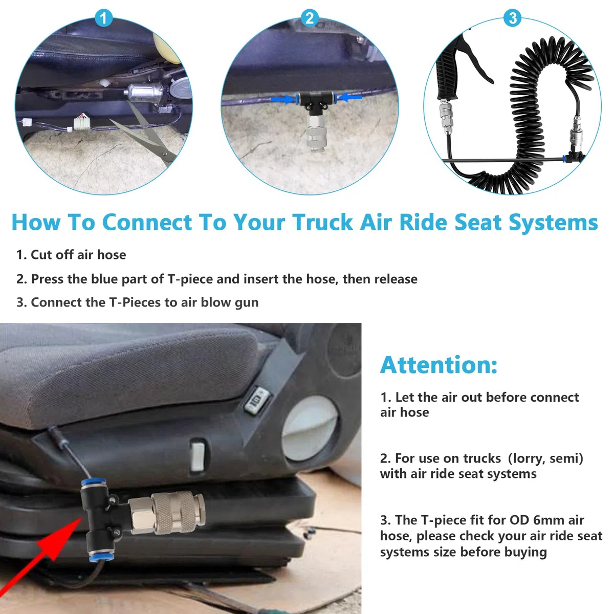 Soufflette Camion Soufflette Pneumatique avec Tuyau de Spirale de 5 mètres Kit de nettoyage de pistolet à air pour camion avec connecteur en T, Noir