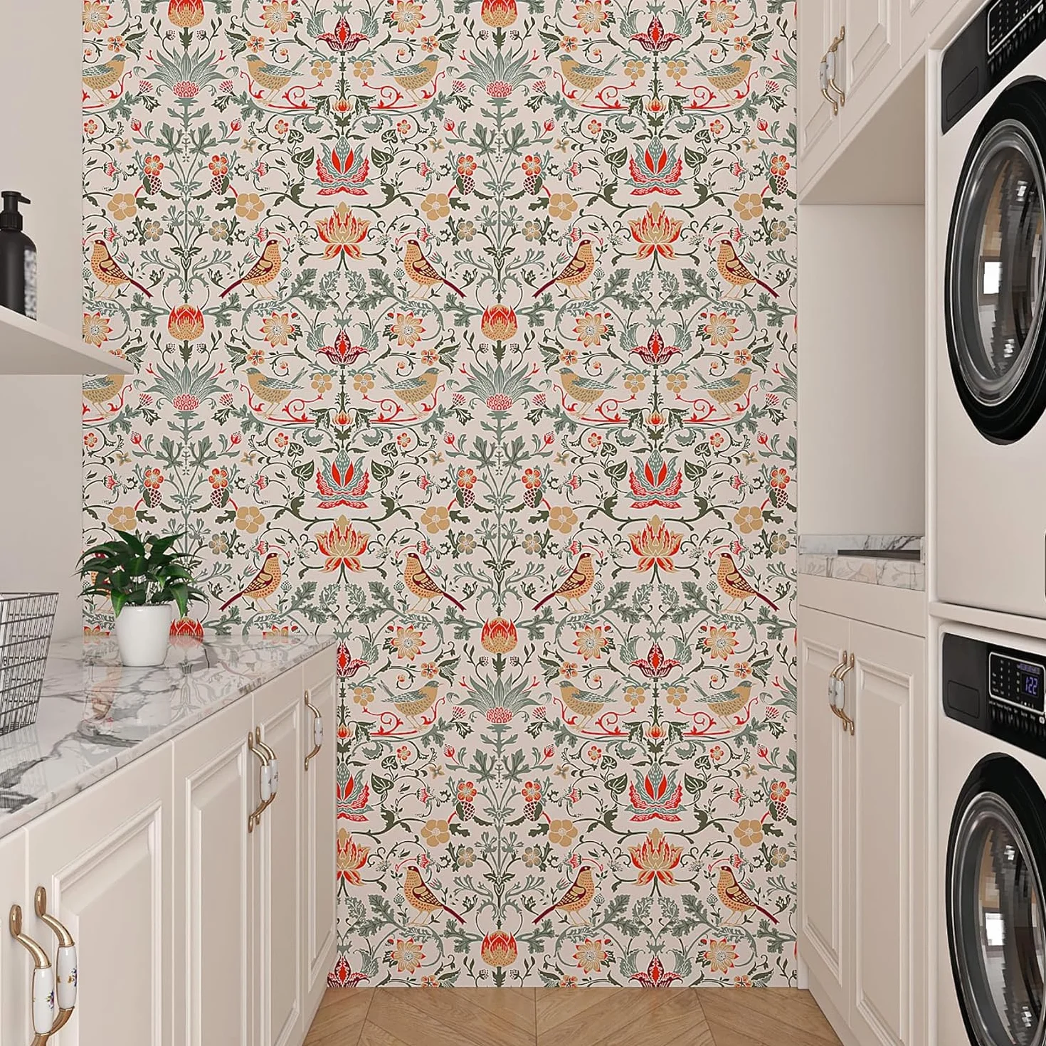 ReWallpaper Papier Peint Adhesif Mural Fleuri Vintage Papier Peint Chambre Adulte Beige Vinyle Autocollant Vert Animal Film Adhesif pour Meuble Motif 44,5CM X 3M Papiers Peints Fleurs Oiseaux