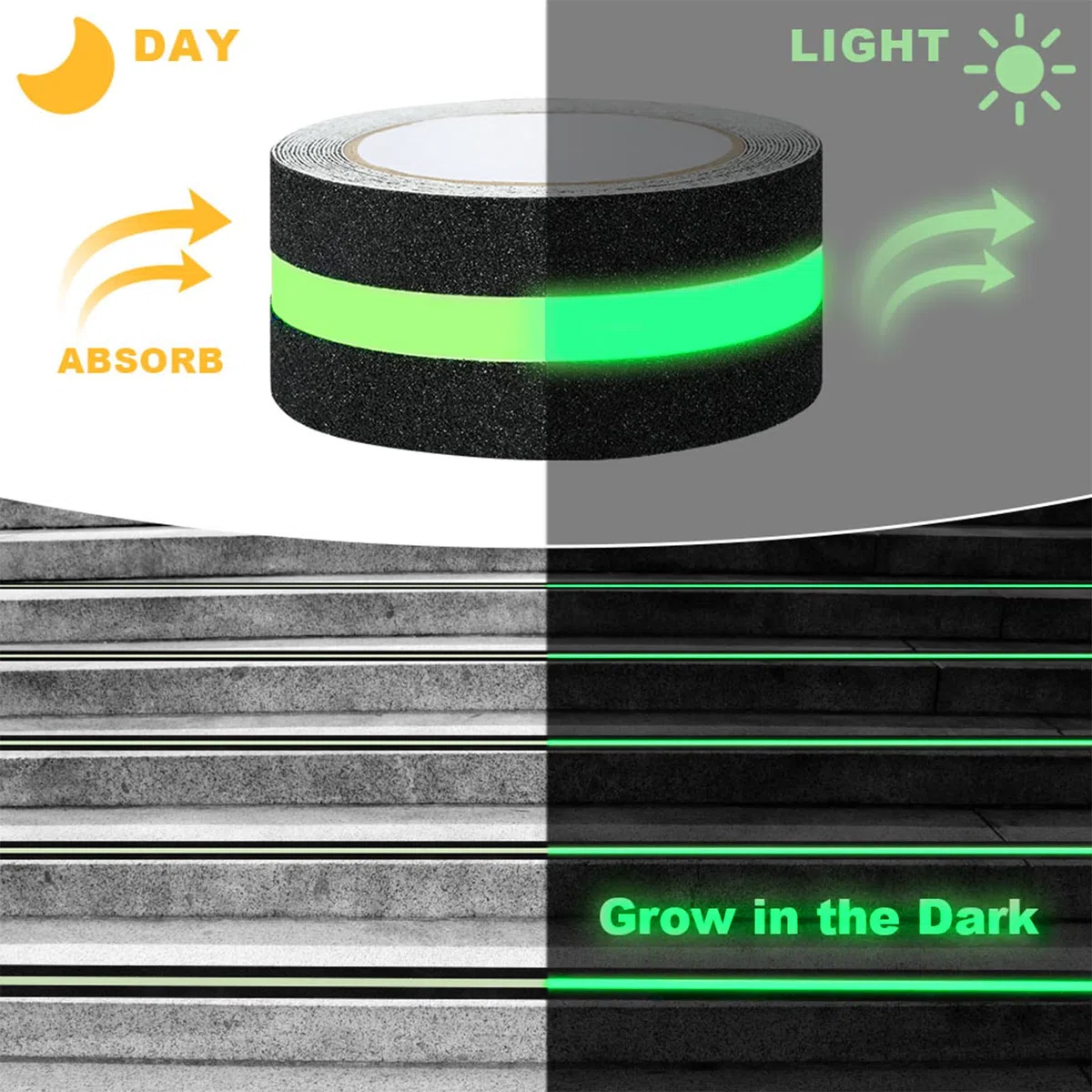 flintronic Bande Fluorescente, 2 Rouleaux 5cm*5m Bande Antidérapante Adhésive, Ruban Autocollant Fluorescent pour un Avertissement Réfléchissant de Nuit, Ruban Antiderapante pour Escaliers et Marches