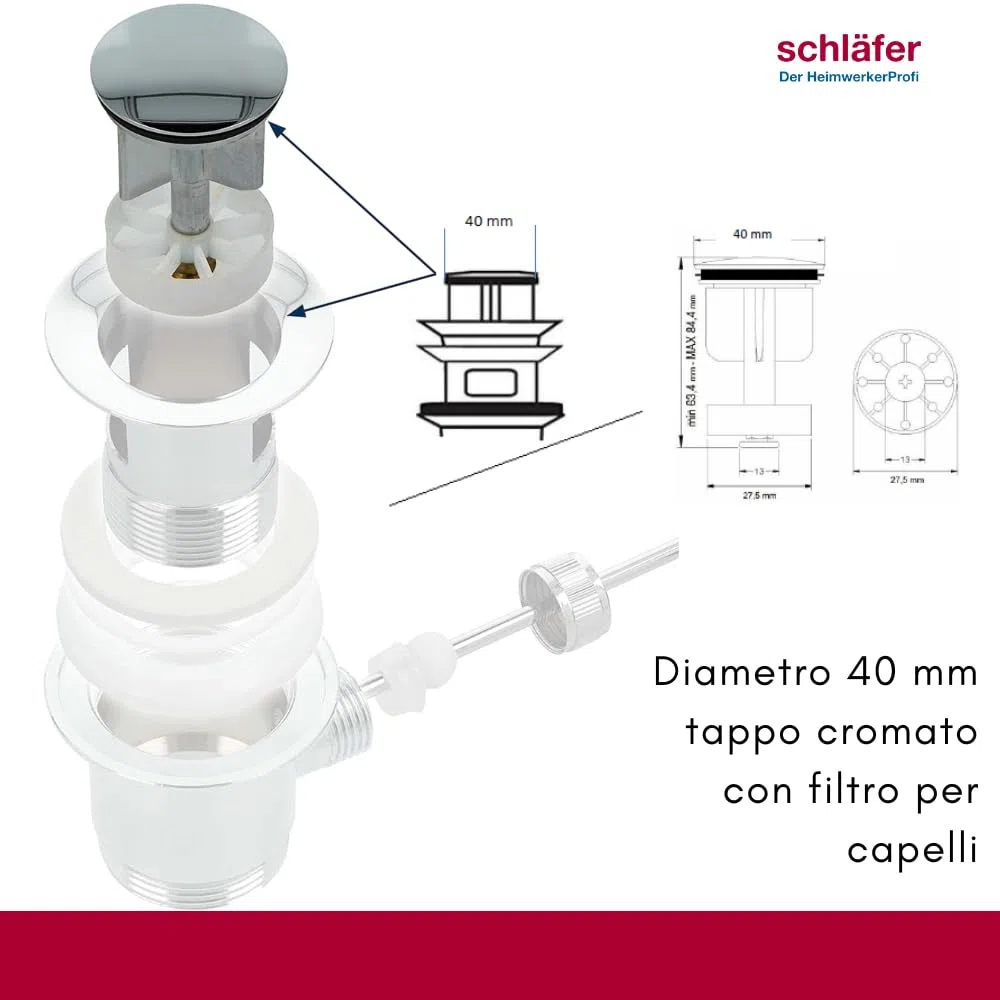 40510016 Schläfer | Bouchon escamotable universel pour lavabo de salle de bain, bidet, baignoire et drain de cuisine, bouchon escamotable diamètre 40mm, finition laiton chromé
