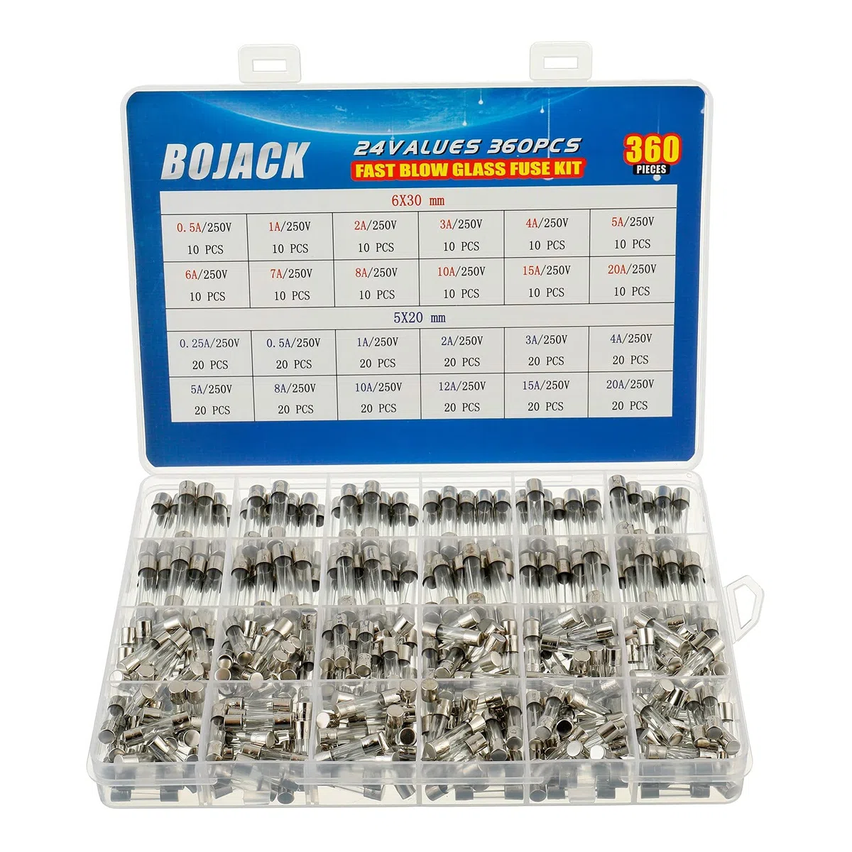 BOJACK 24 valeurs 360 pièces Kit d'assortiment de fusibles en verre à fusion rapide 250V 5x20mm 6x30mm 0,25 0,5 1 2 3 4 5 6 7 8 10 12 15 20A Emballage dans une boîte en plastique transparente