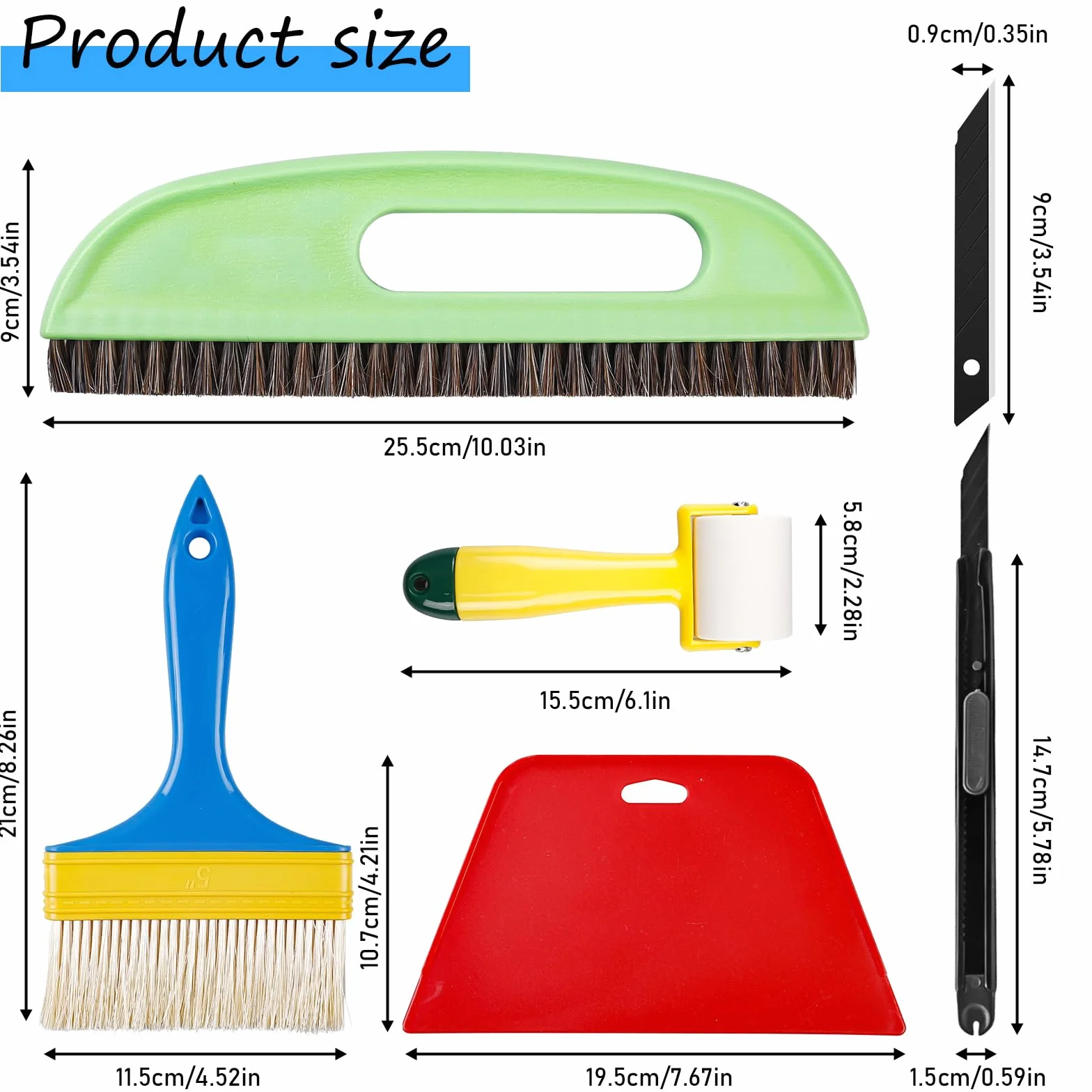 Lot de 15 outils de lissage pour papier peint - Avec brosse à tapisser, raclette, rouleaux et outil de coupe - Kit de suspension pour papier peint pour contact adhésif - Kit d'application (rouge)