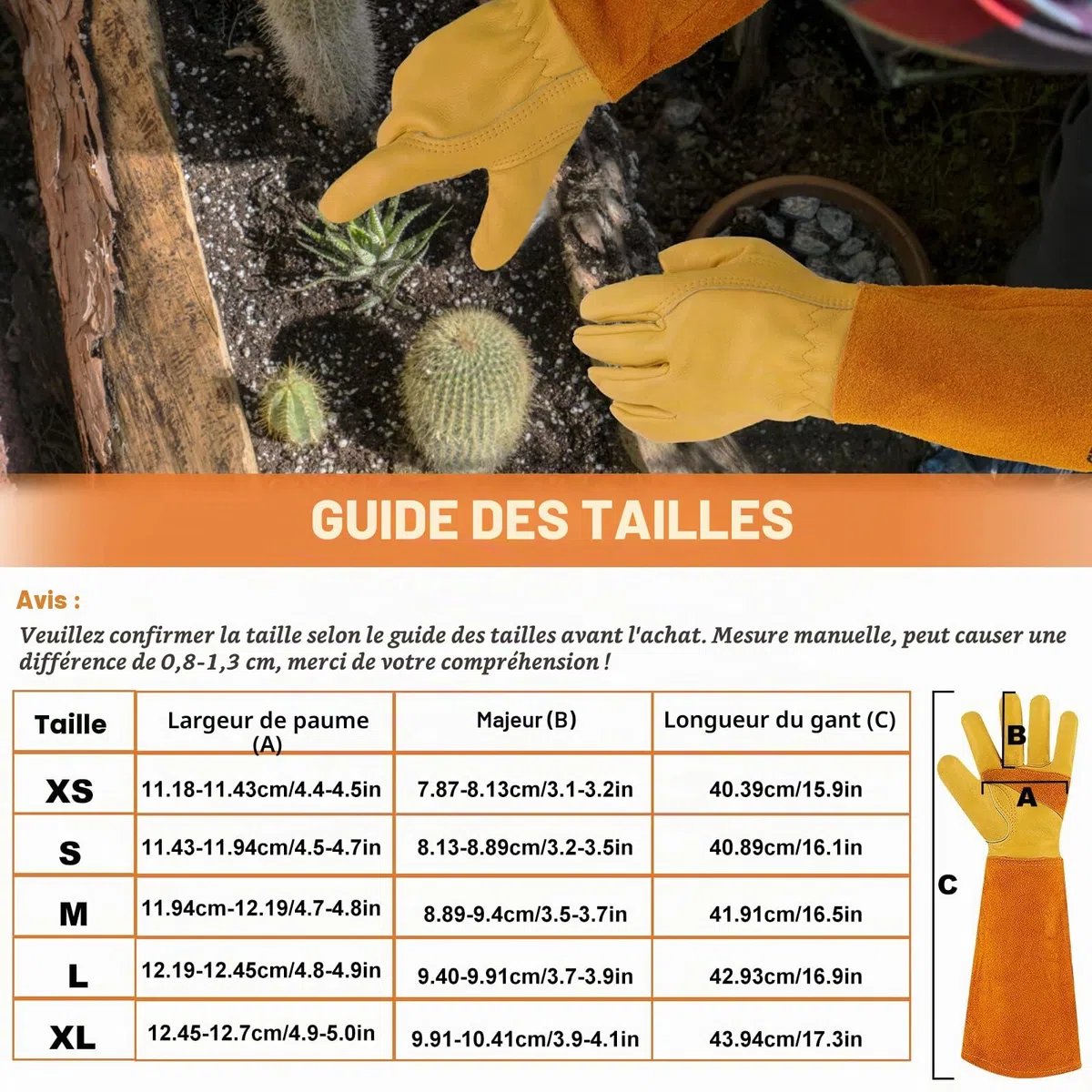 Gants de Jardinage pour Hommes/Femmes, Gants de Travail en Cuir de Vache Durables, Résistant aux épines - avec Protection des Avant-Bras pour Jardinier et Fermier, Épaississement Jaune,M