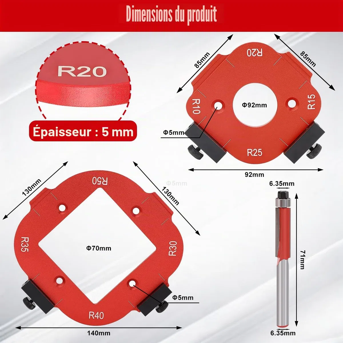 2 Pièces Gabarit Defonceuse a Bois, R10 R15 R20 R25 R30 R35 R40 R50 Gabarit de Toupie avec Fraise à Ras, Gabarit 4en1 pour Toupie, pour le Bricolage du Bois