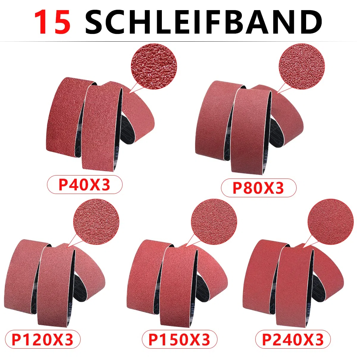 Senmai Tools 15 Pièces bandes abrasives 75 x 510 mm, (grain 40 80 120 150 240) Bandes abrasives professionnelles pour le bois, la peinture