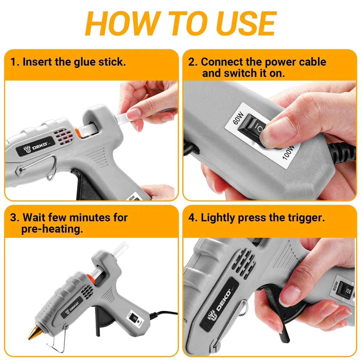 DEKO Pistolet à Colle Chaude: 60/100W Double Température Pistolet à Silicone avec une Gouttière, Pistolet à Colle avec 25 PCS Barres de Colle, pour DIY, Art, École, Emballages, Réparations