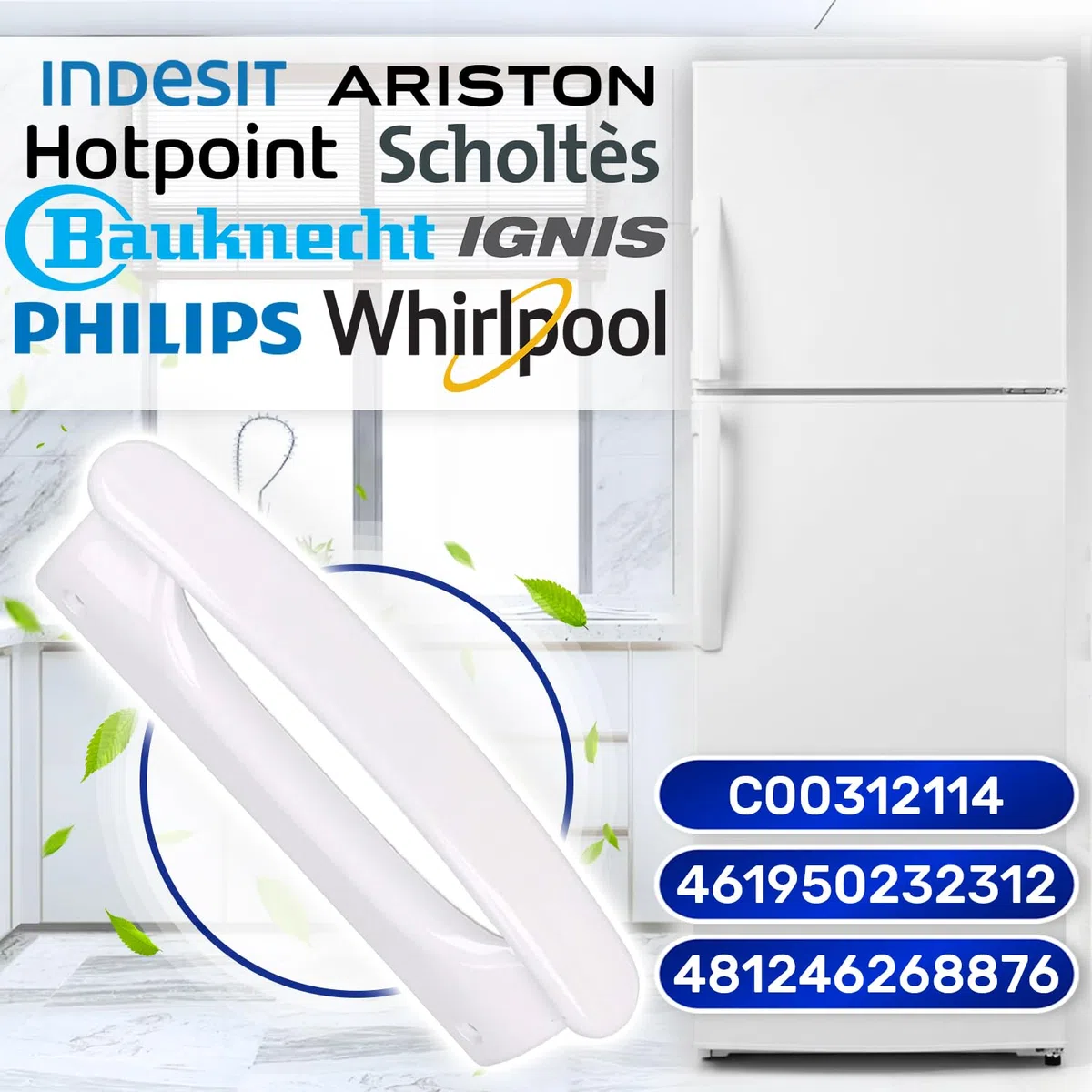MONTERAL Poignée de Porte Réfrigérateur Longueur 205 mm Distance Entre les Trous 175 mm avec Code Original C00312114 pour Indesit 481246268876 461950232312 pour Whirlpool - Garantie de 10 Ans