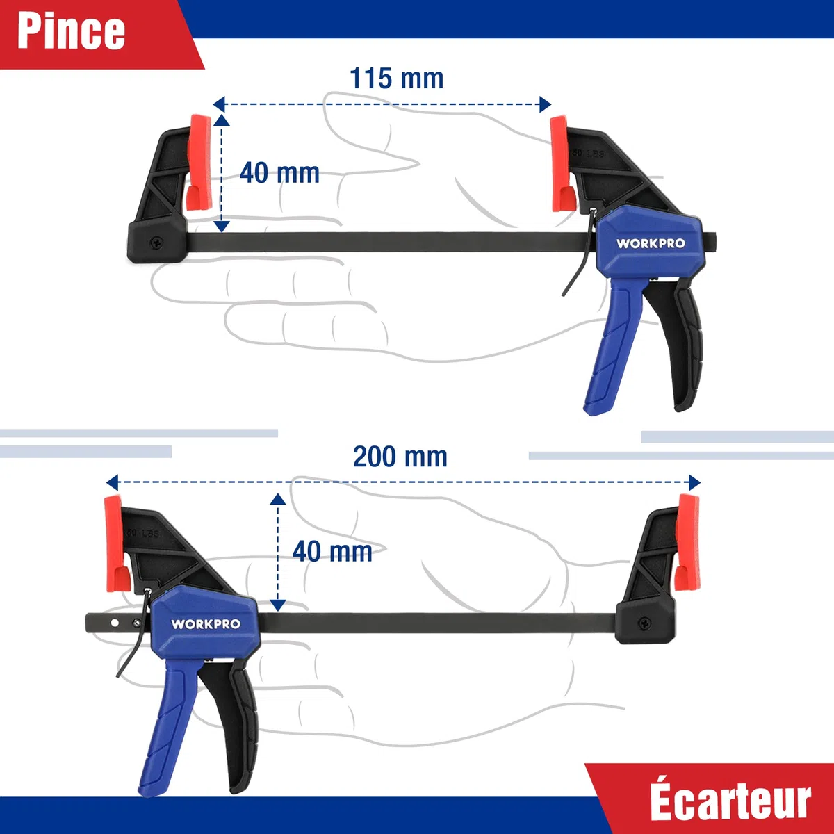 WORKPRO Serre Joint et Pince à Ressort 8 Pièces, 4 Mini Serres-joint (Longeur:200 mm,Portée 115 mm, Plage d'expansion 200 mm)et 4 Pinces à Ressort (Largeur d’Ouverture 45 mm/60 mm)pour Travail du Bois