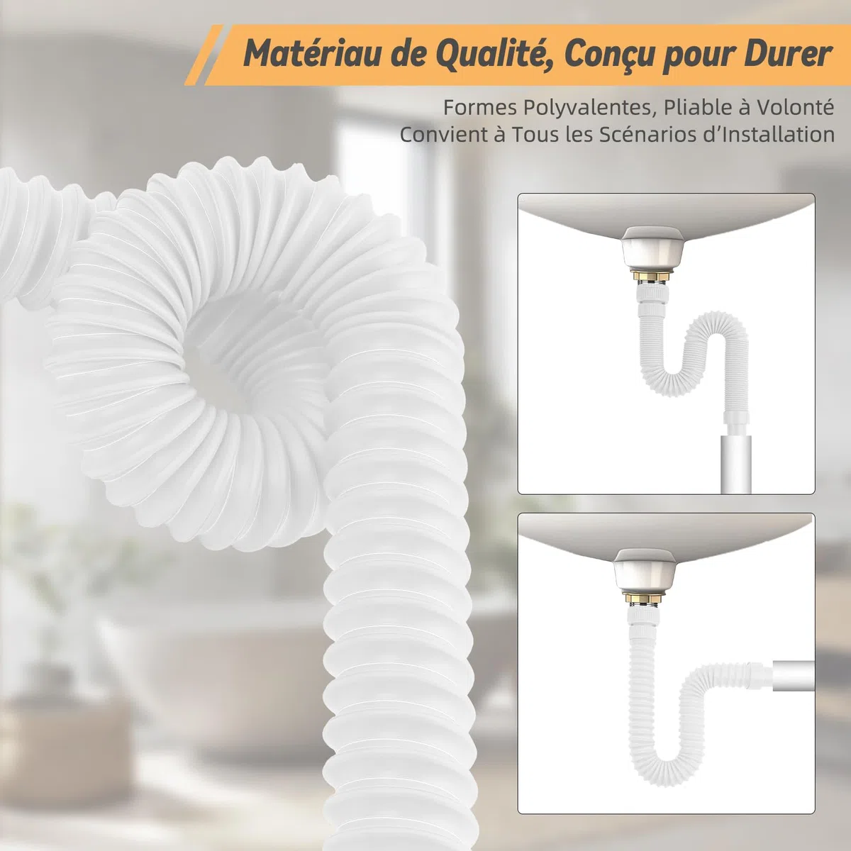 Hibbent Siphon Lavabo de Bain, Siphon Flexible Anti-Odeurs Avec Fil d'Acier Encastré, G1 1/4" (40.4mm) vers G1 1/2" (46.3mm) x 32mm, Siphon Evier, Evacuation Evier, Tuyau de Vidange Flexible, Blanc