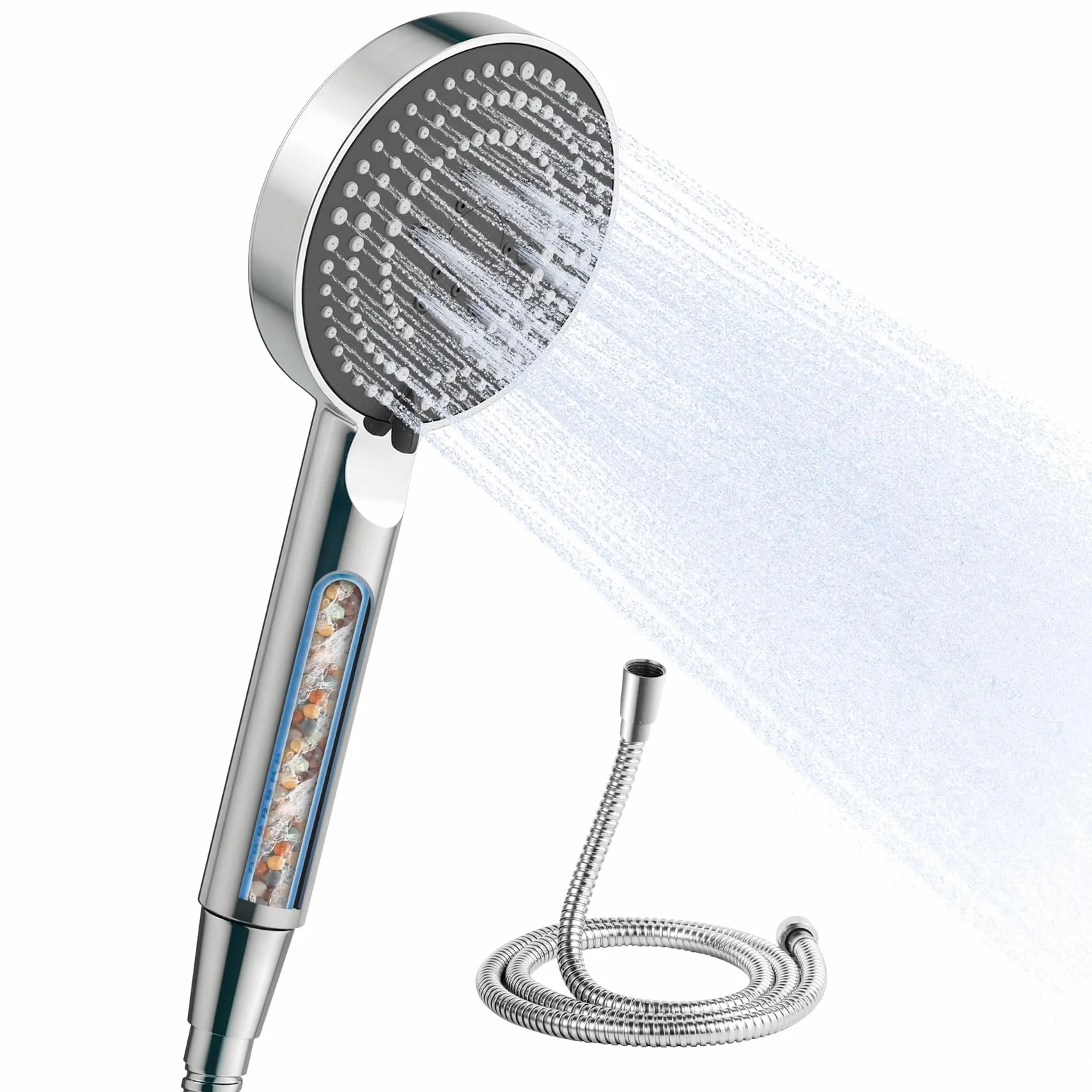 OFFO Pommeau de Douche avec Tuyau de 1.6m, 6 Modes Pommeau Douche Anti Calcaire Multi-niveaux, Douchette Haute Pression, Economie Deau, pour Eau Dure, Léger et Maniable, Chrome