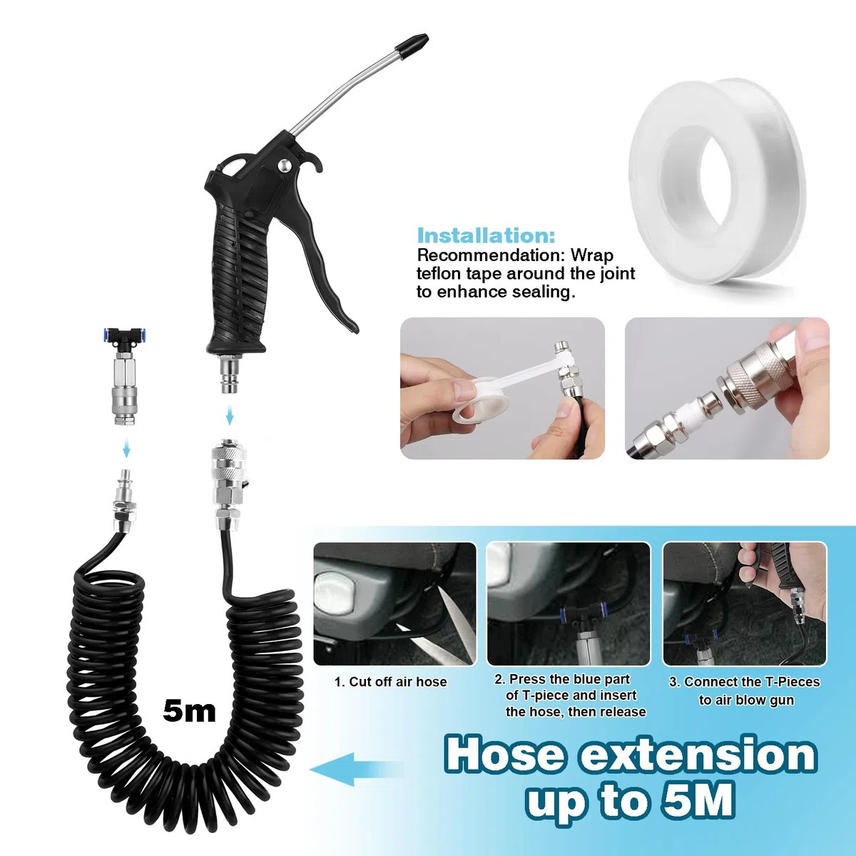 Soufflette Camion Soufflette Pneumatique avec Tuyau de Spirale de 5 mètres Kit de nettoyage de pistolet à air pour camion avec connecteur en T, Noir