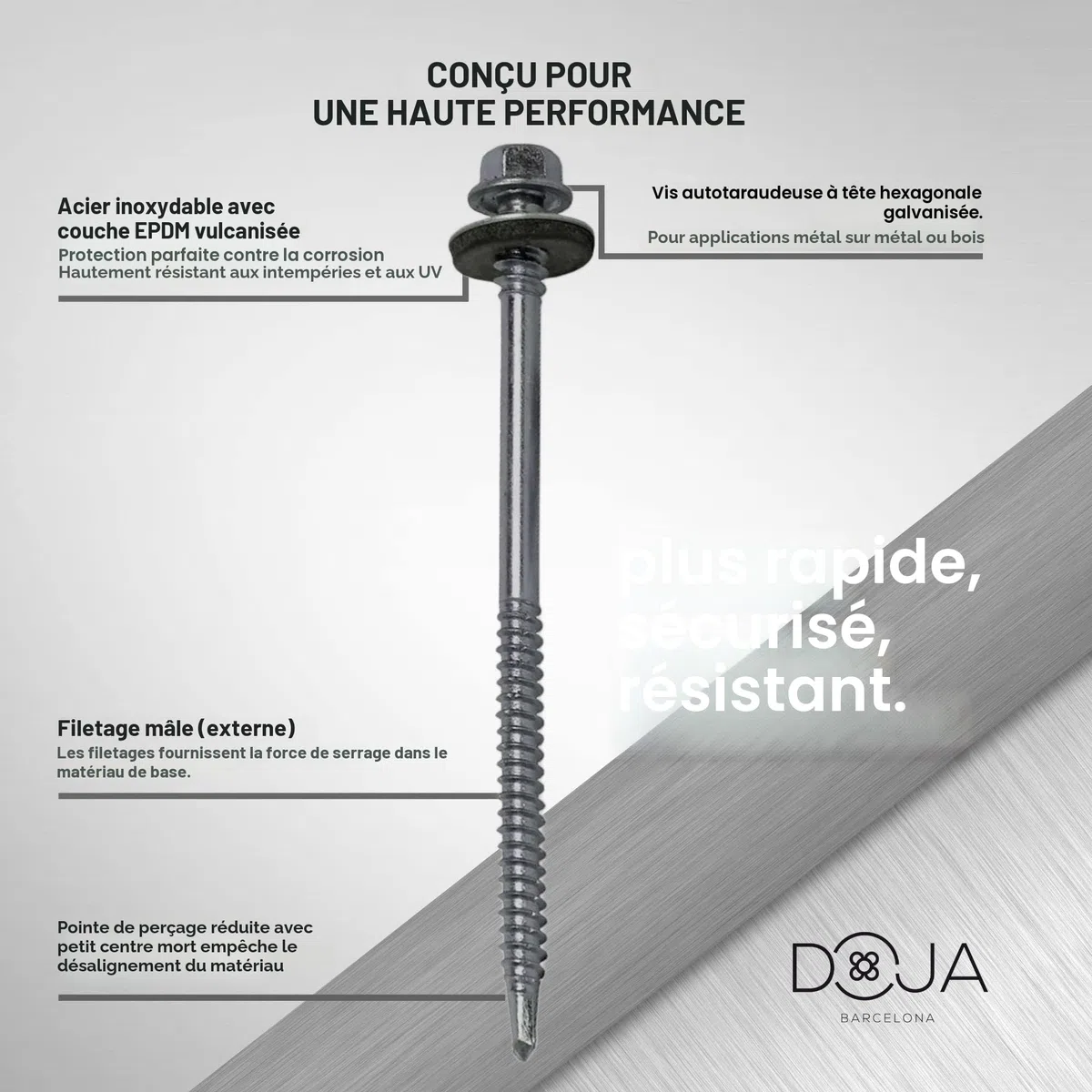 DOJA Industrial | VIS AUTOFOREUSE METAL | PACK 50 | 6,3 x 75mm | Vis Autoperforante Acier à Tete Hexagonale avec Rondelle Etancheite EPDM pour plus Fixation | Vis Autoperceuse pour Metal, Tole Acier