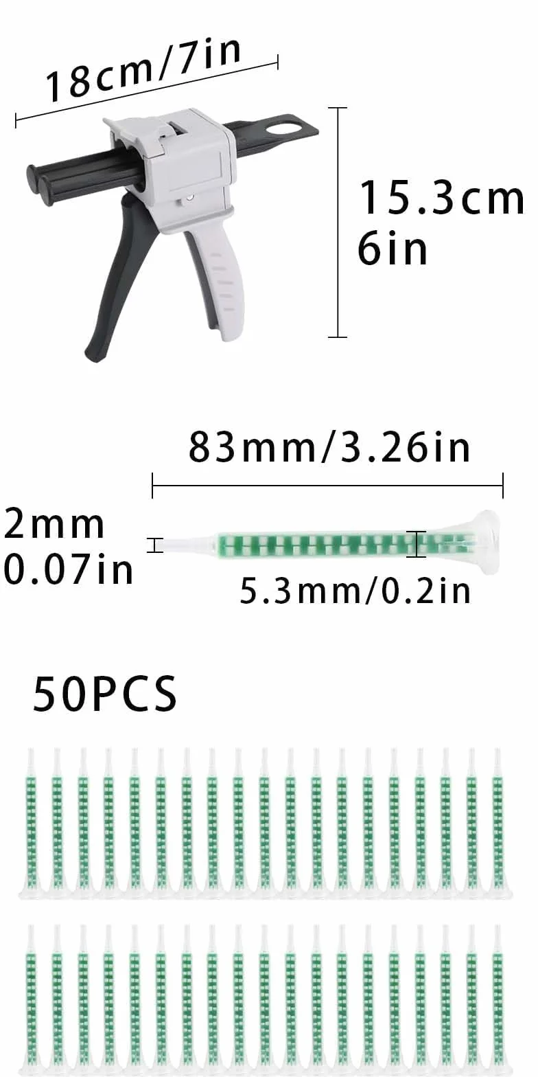 Pistolet à colle époxy AB, 1:1 Pistolet a Colle 50ML, Pistolet à Colle Set, 50ml Pistolet Distributeur Époxy, Blanc cassé,seringue de mélange 83 mm 50 pièces, 50 ml-1:1, légère, flexible, durable