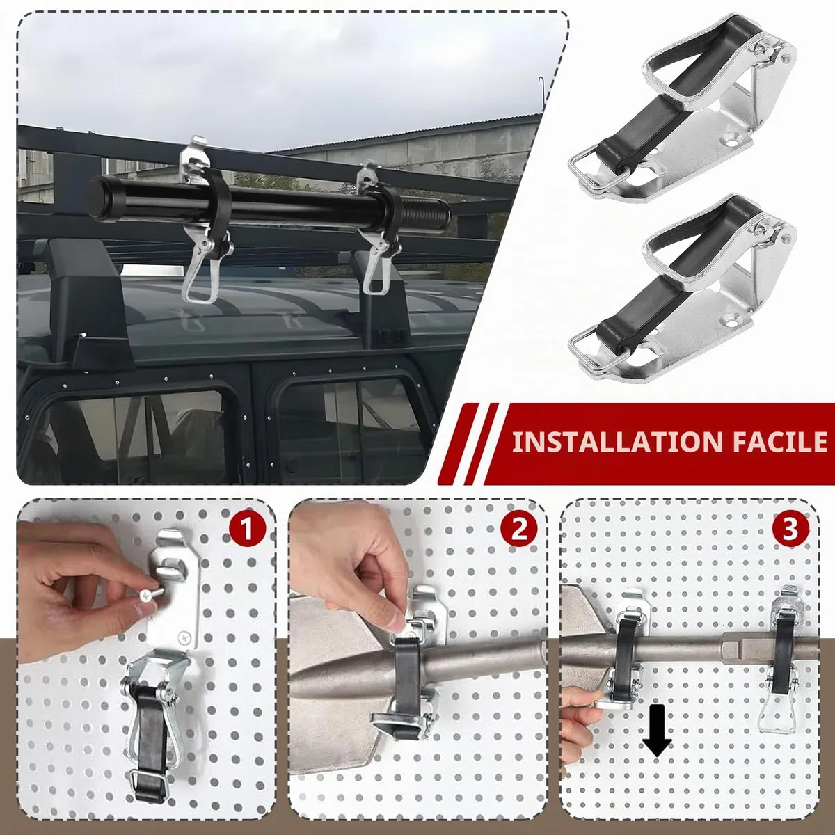 Lot de 4 supports de pelle, fermeture à serrage de 80 mm avec bande élastique, porte-balai, support de pelle pour barres de toit, porte-hache, roulement de fermeture pour remorque, camion, engin de