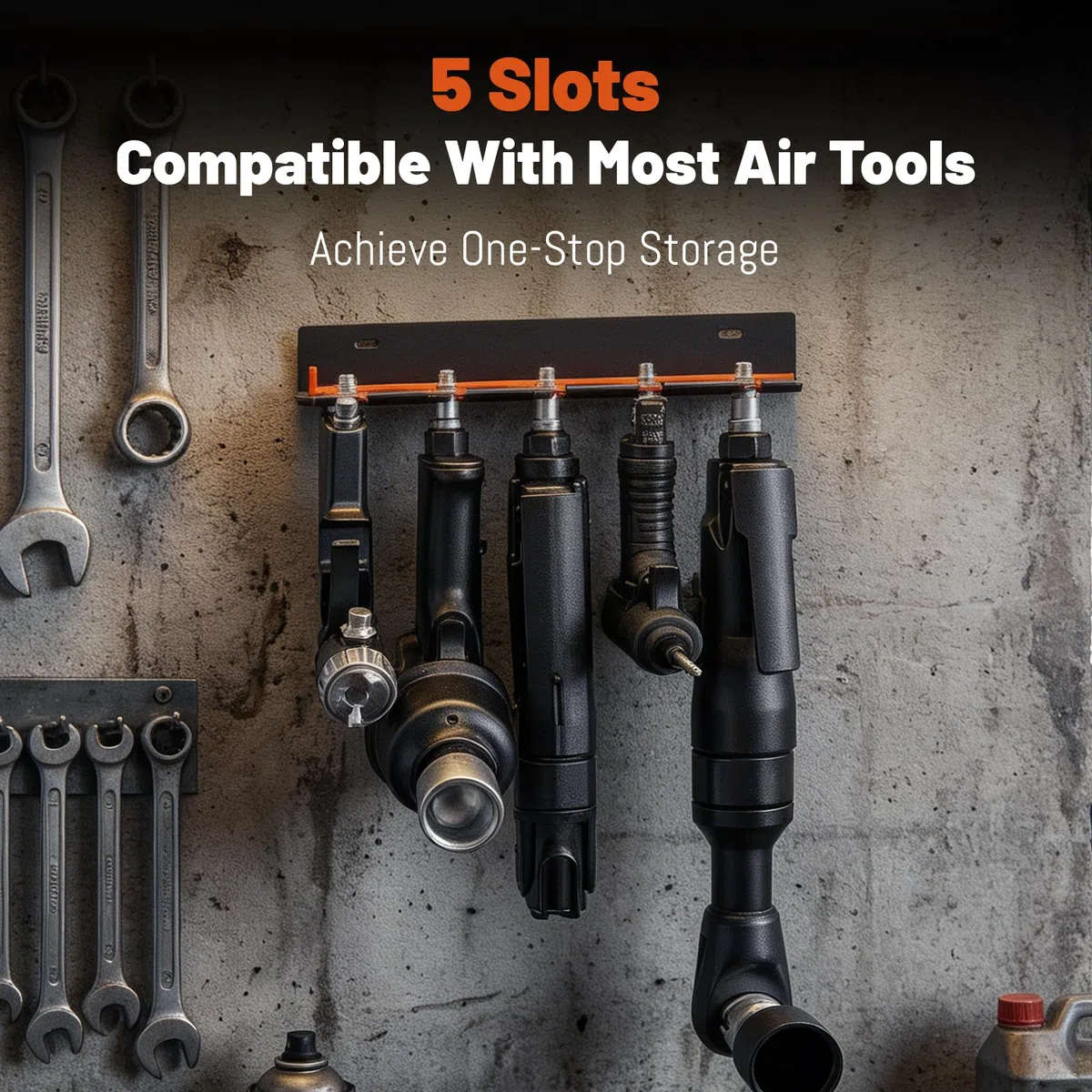 Support Outils Pneumatiques 5 Fentes,Porte-Outils Pneumatique Mural avec Verrou Coulissant,Présentoir Outils Air Comprimé,pour Garages,Ateliers,Réparation Automobile