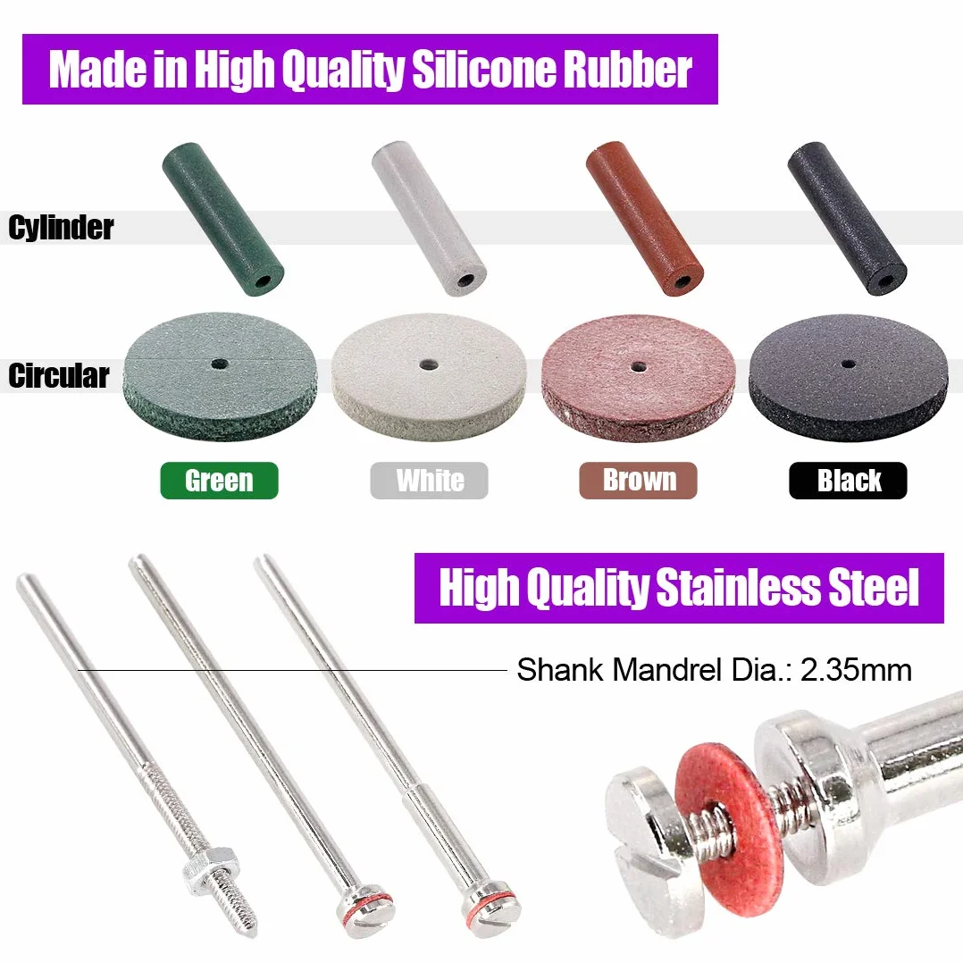 Swpeet Lot de 46 roues de polissage en caoutchouc de silicone, 40 pièces de 4 couleurs mélangées de laboratoire et de particules de polissage + 6 tiges de mandrin parfaits